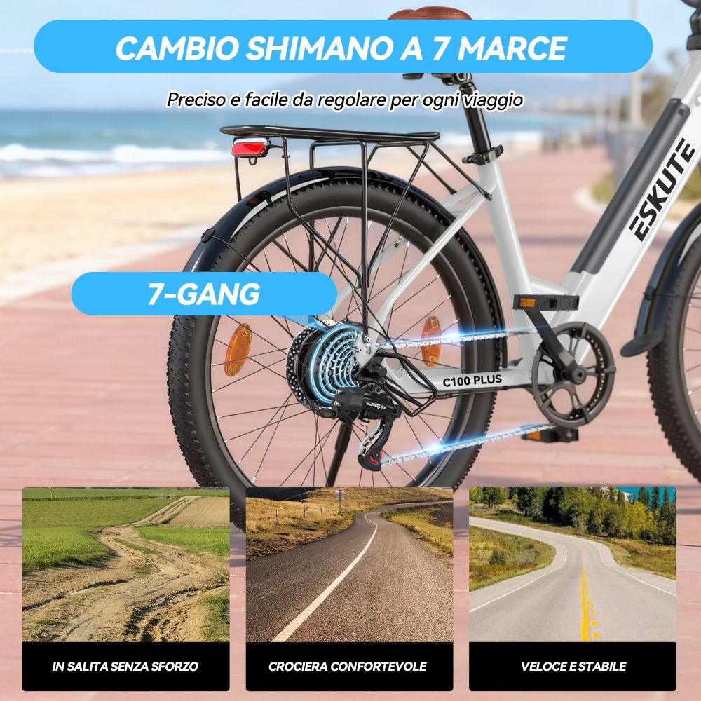 Una bicicletta bianca a 7 marce pubblicizzata con varie condizioni stradali.