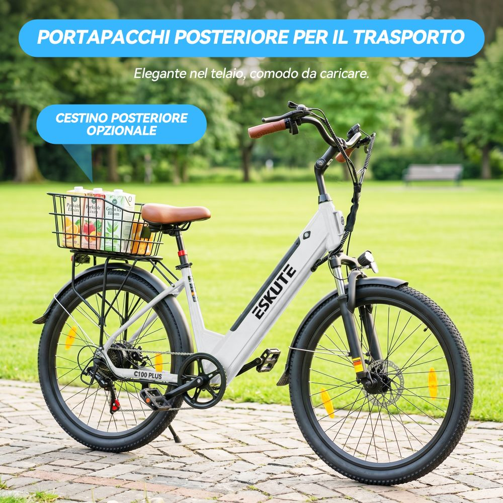 Una e-bike bianca con portapacchi e cestino opzionale, su un sentiero lastricato.