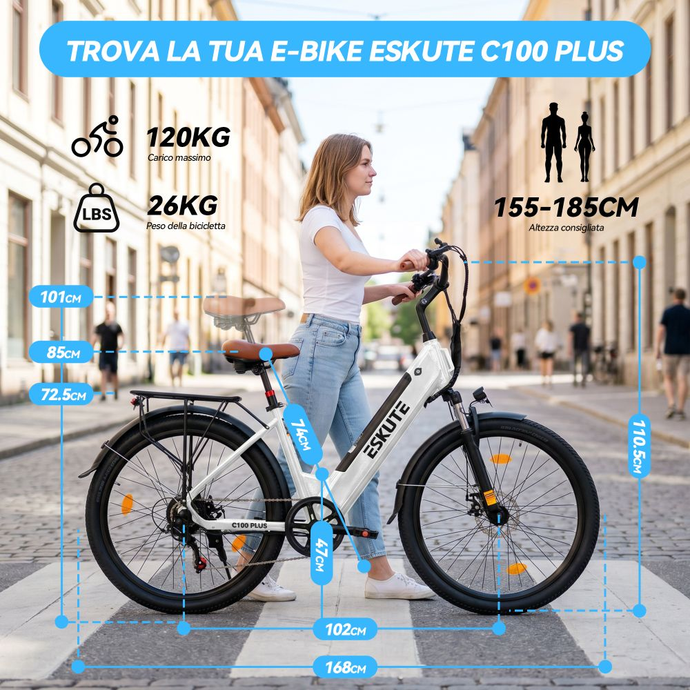 Una donna accanto a una e-bike bianca con misure.