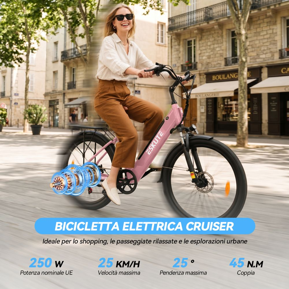 Donna guida e-bike rosa su strada con edifici. Motore e specifiche visibili.
