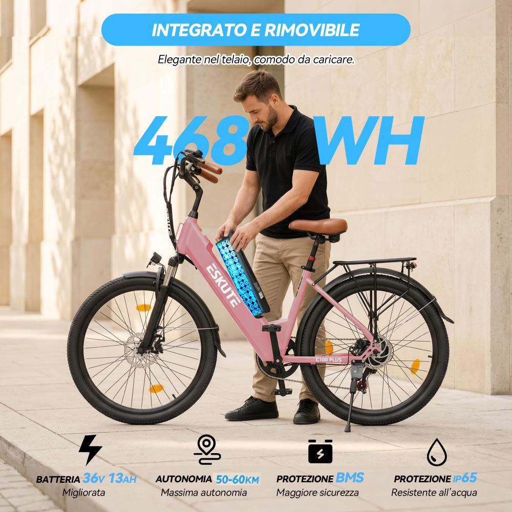 Uomo inserisce batteria in e-bike rosa. Testo: 468 WH, integrato e rimovibile.