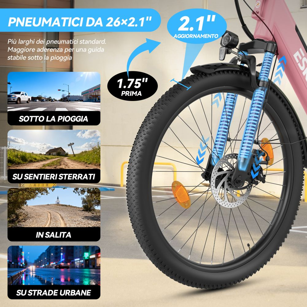 Una bicicletta rosa con pneumatici più larghi da 26x2,1 pollici, adatta a vari terreni.