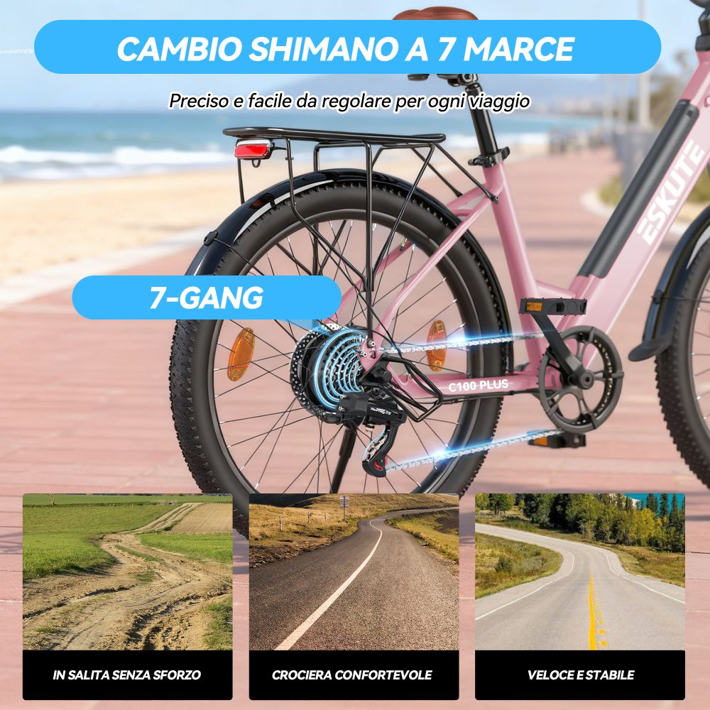 Una bici elettrica rosa a 7 marce con sfondo spiaggia e tre scene.