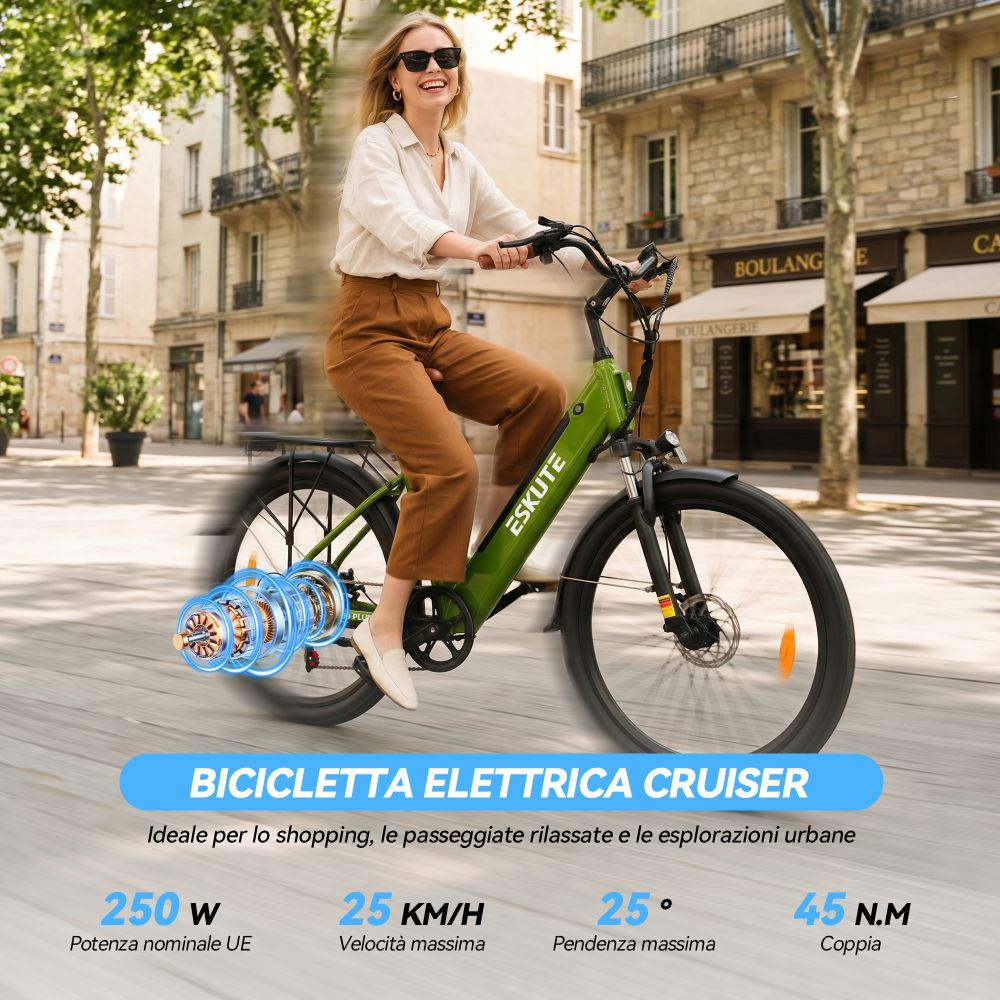 Bicicletta elettrica verde Eskute in città. Grafica motore. Specifiche: 250W, 25km/h, 25°, 45Nm.