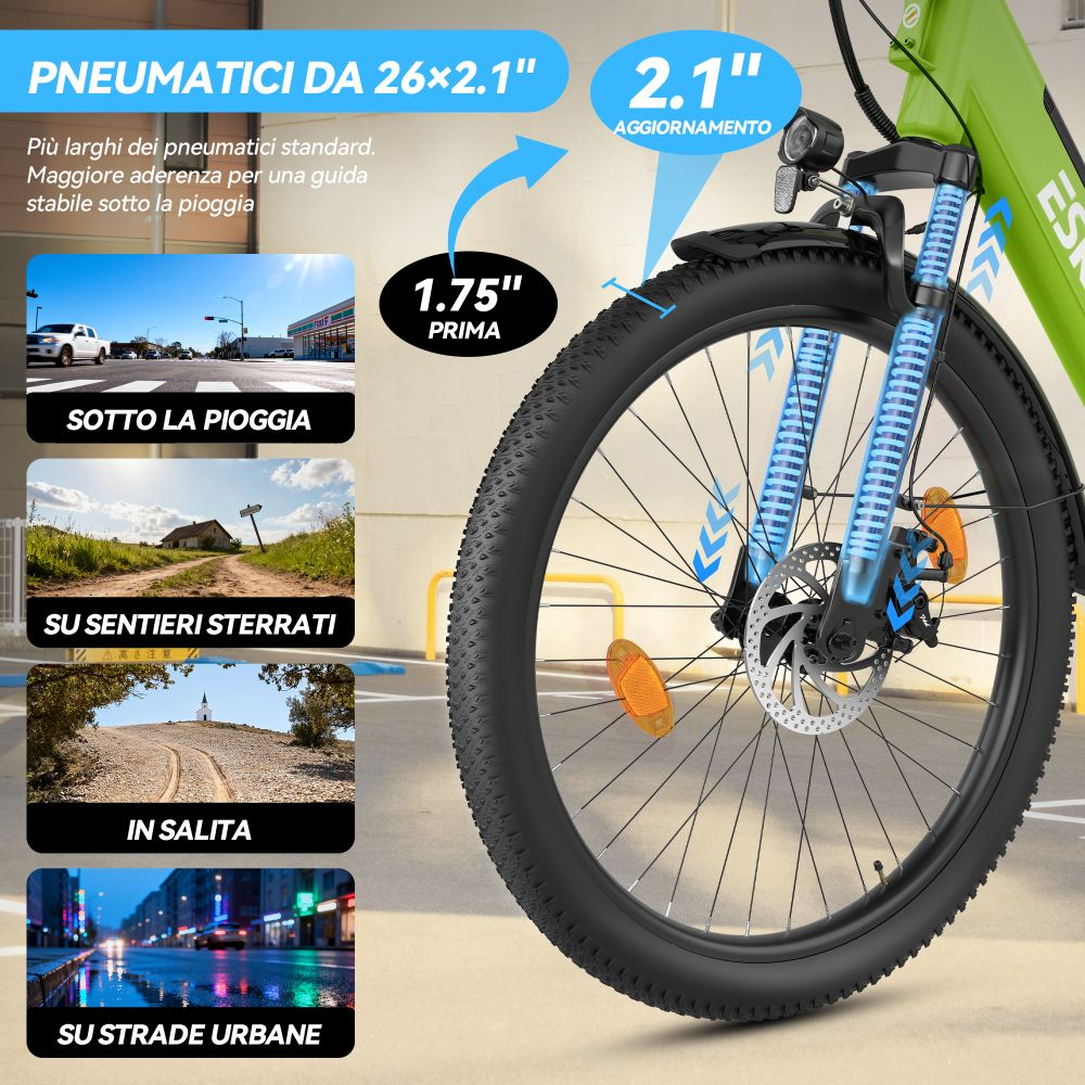 Aggiornamento pneumatici bici da 1,75" a 2,1" per migliore aderenza.