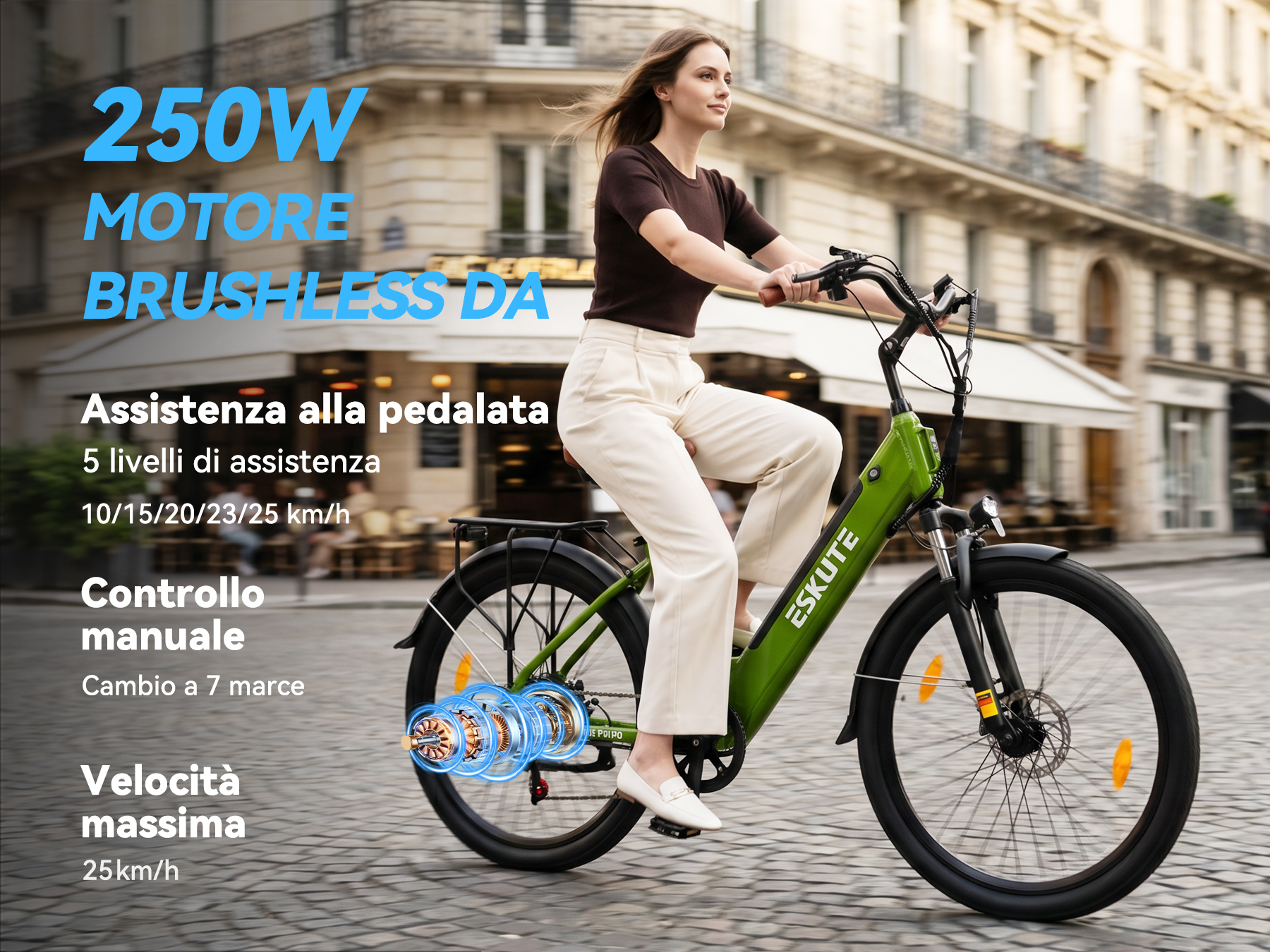 Una donna guida una bici elettrica verde con motore 250W in città.