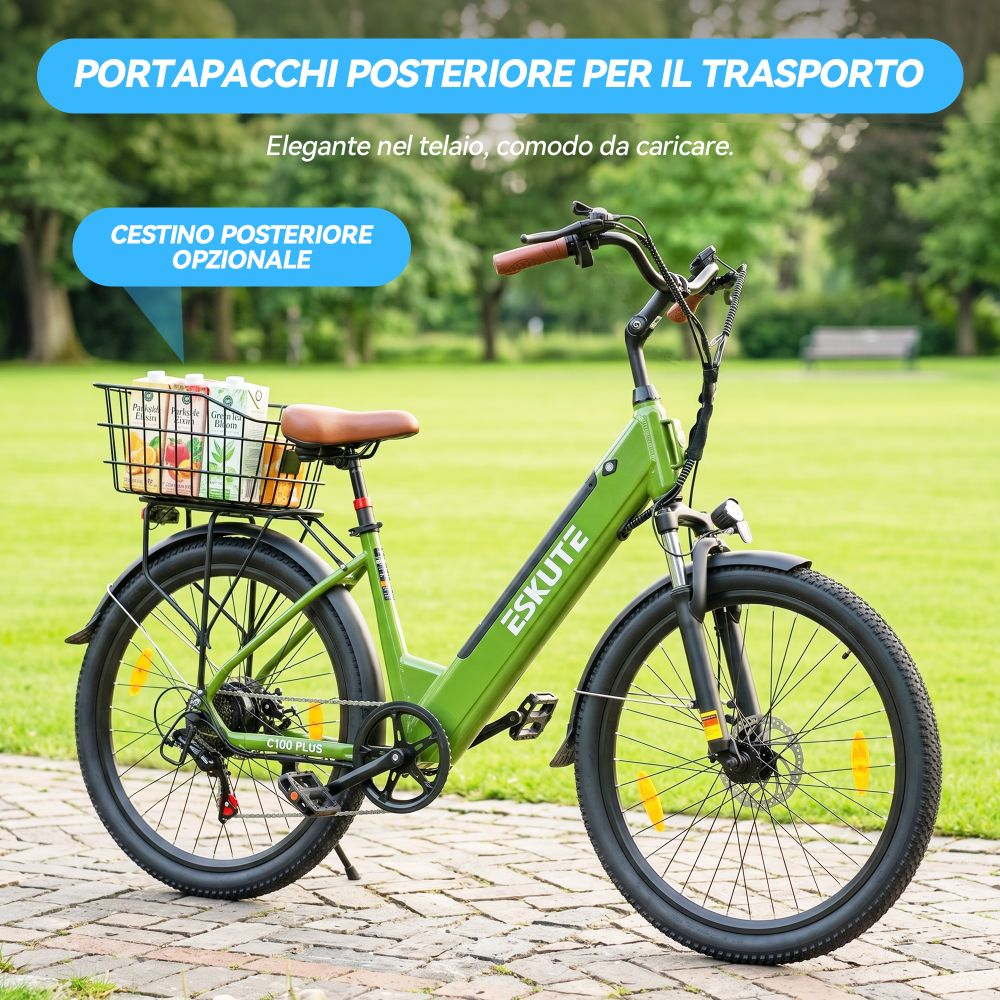 E-bike verde con portapacchi e cestino opzionale con bevande.