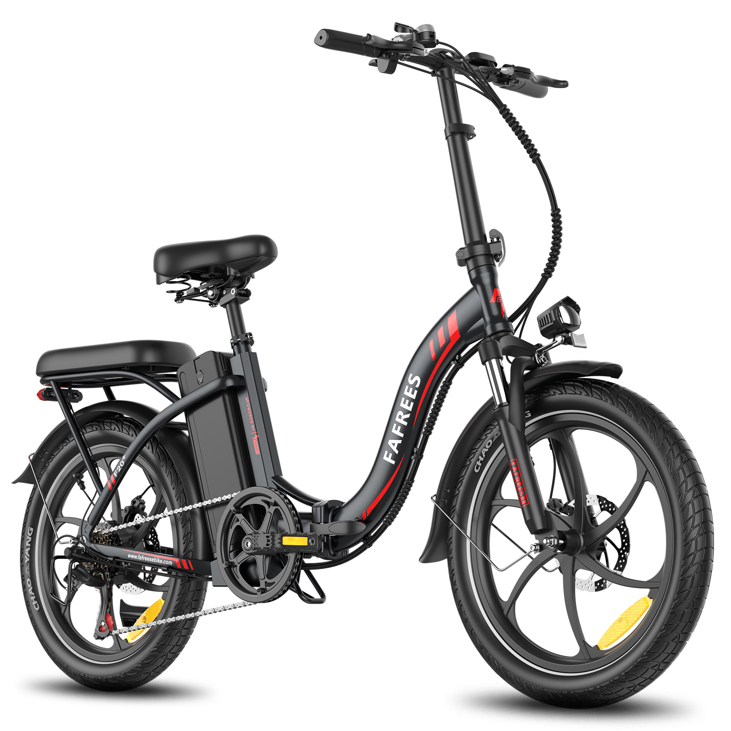 Bicicleta eléctrica plegable negra con detalles rojos, portaequipajes y faro.