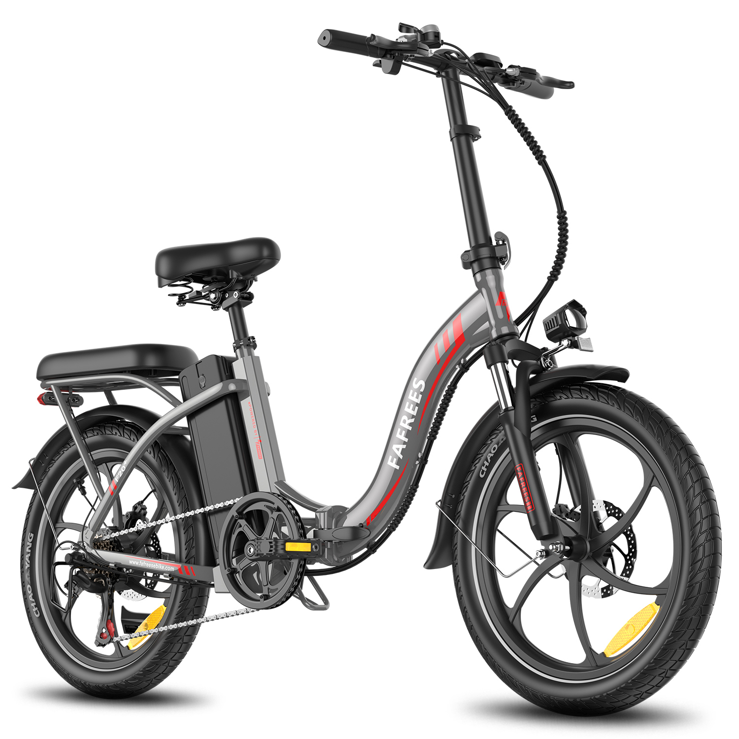 Bicicleta eléctrica plegable gris con rayas rojas, asiento negro y portaequipajes.