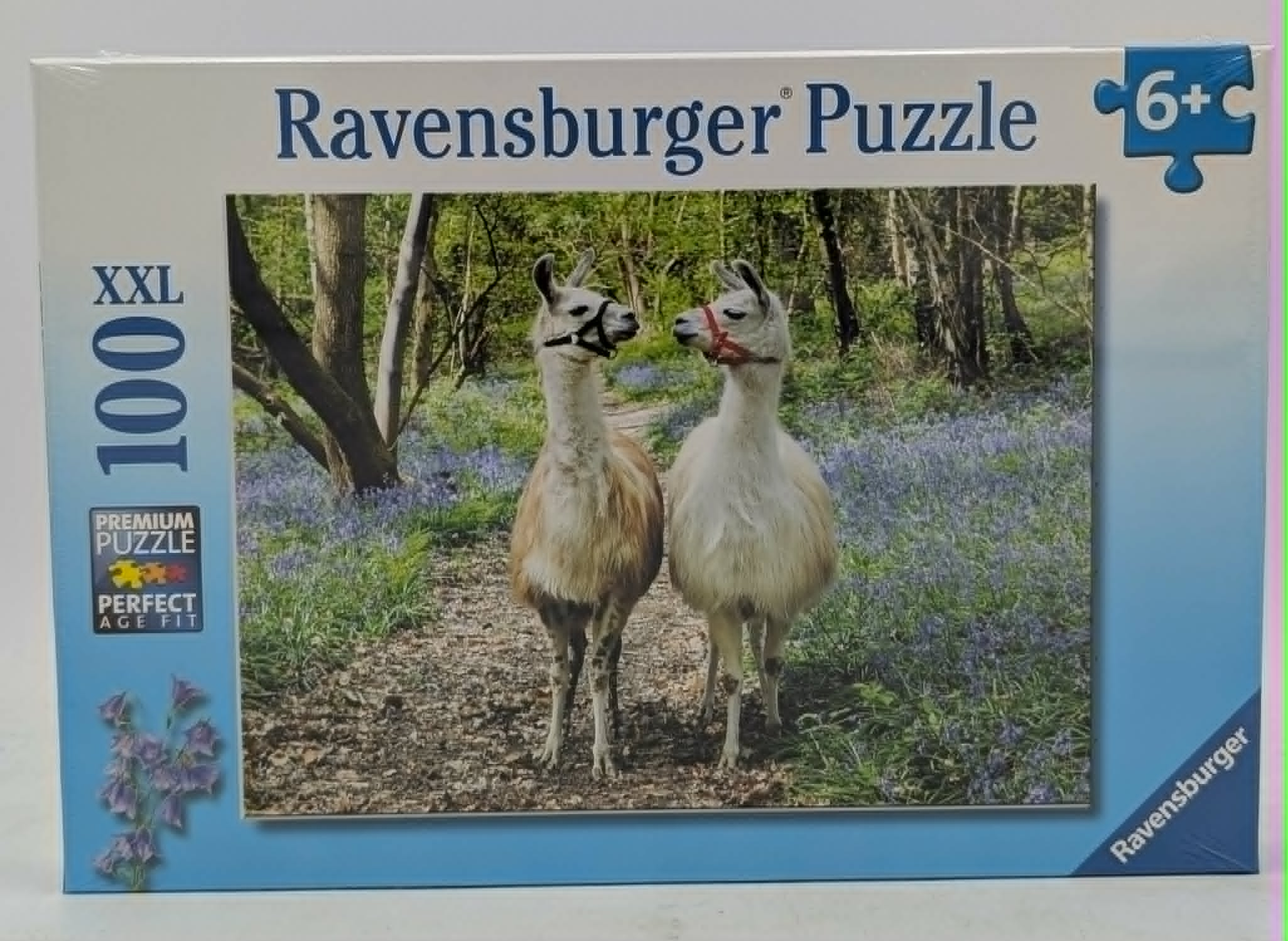Zwei Lamas stehen auf einem Weg, umgeben von blauen Blumen und Bäumen.