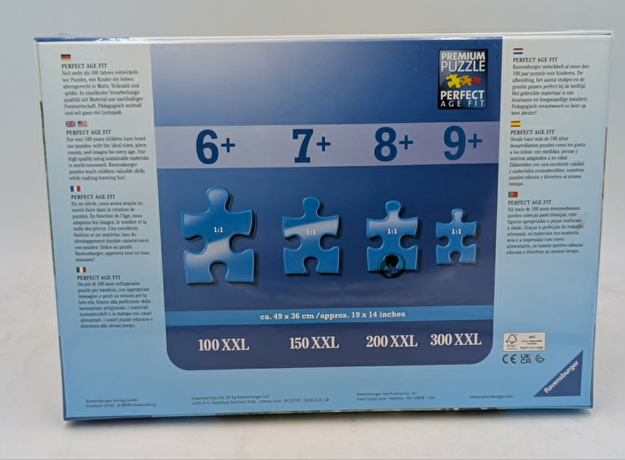 Puzzle-Verpackung mit Altersangaben 6+, 7+, 8+, 9+ und Puzzleteilen.