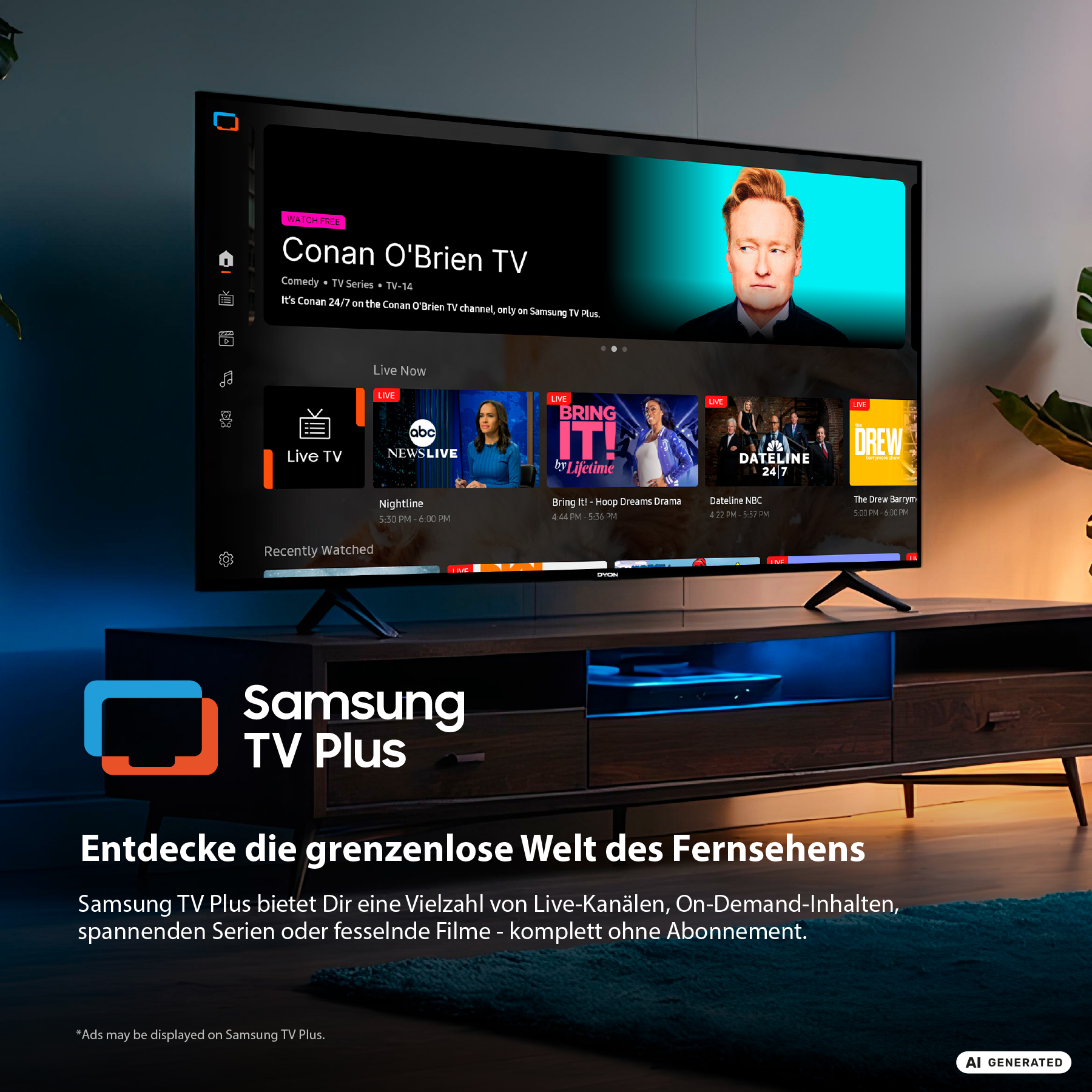 Un televisor muestra la app Samsung TV Plus con Conan O'Brien y canales de TV en vivo.