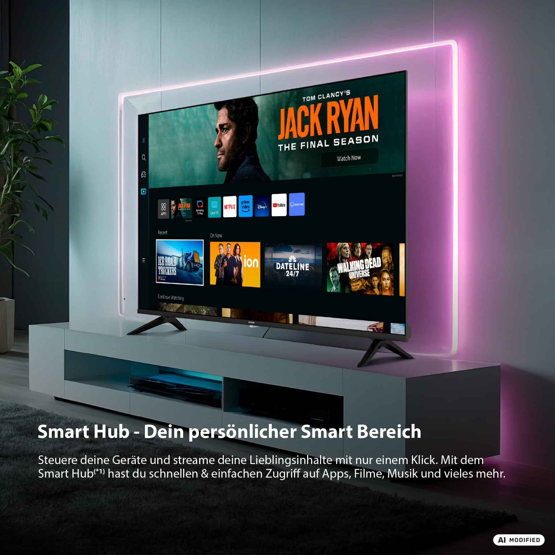 Un televisor moderno muestra la interfaz Smart Hub con tráileres y aplicaciones.