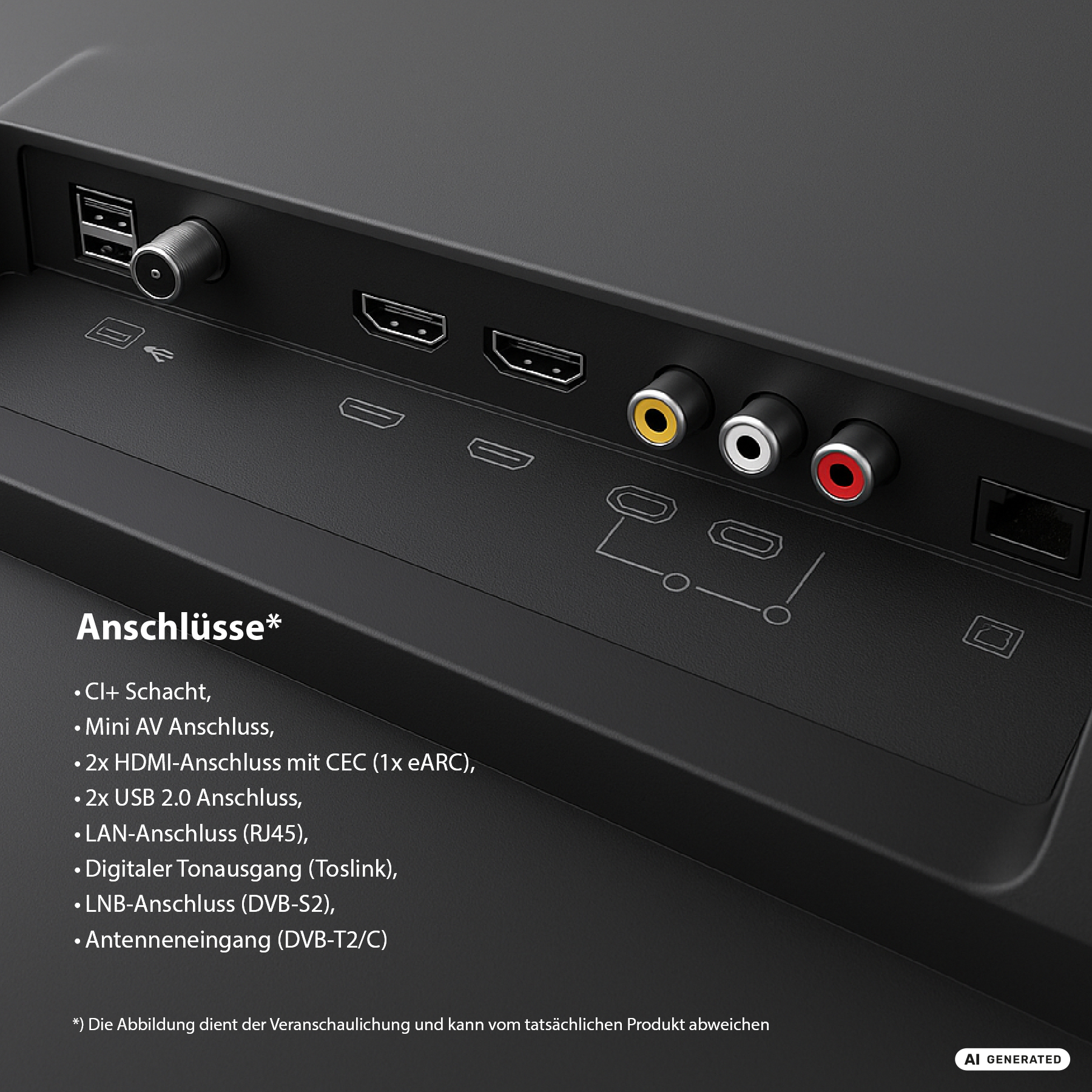 Parte trasera de un televisor con puertos: USB, HDMI, AV, LAN, LNB, antena.