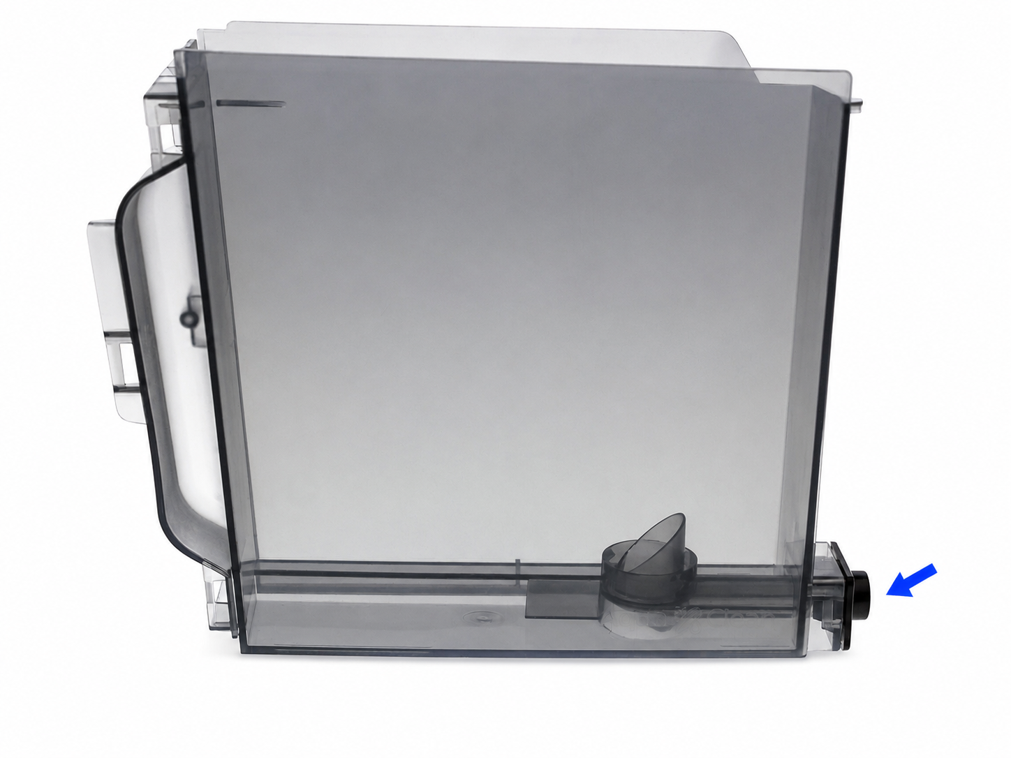 Grauer, transparenter Wassertank mit schwarzem Stöpsel und Pfeil.