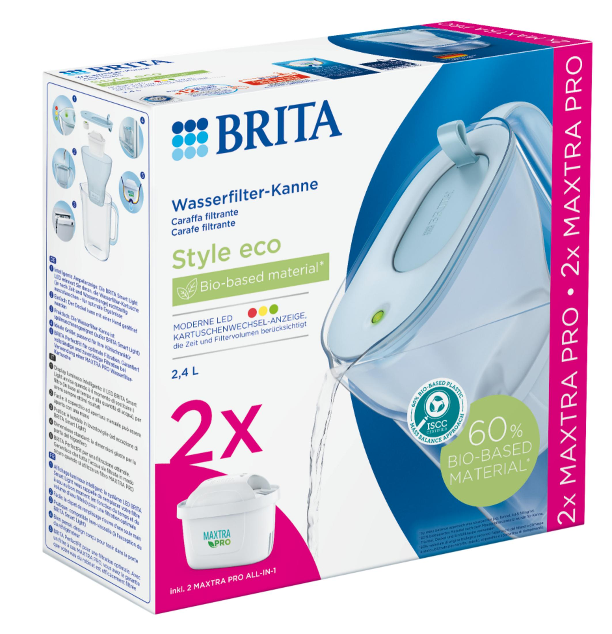 Caraffa filtrante BRITA con 2 filtri MAXTRA PRO, 2,4 L, materiale bio-based.