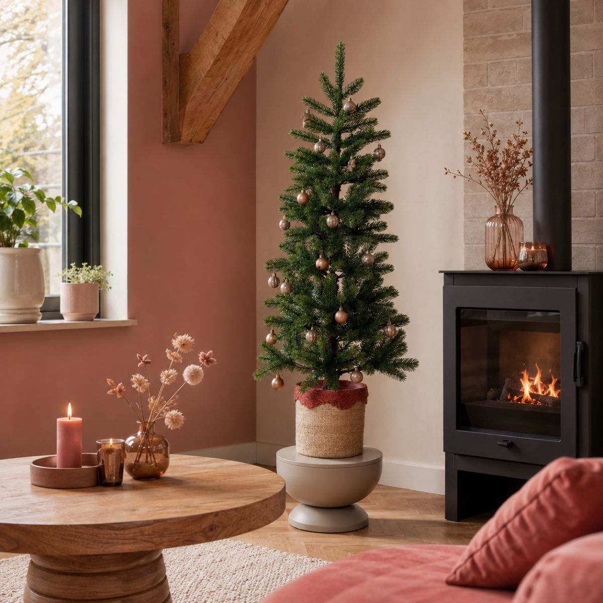 A decorated Christmas tree stands by a fireplace, with a coffee table, candle and flowers.