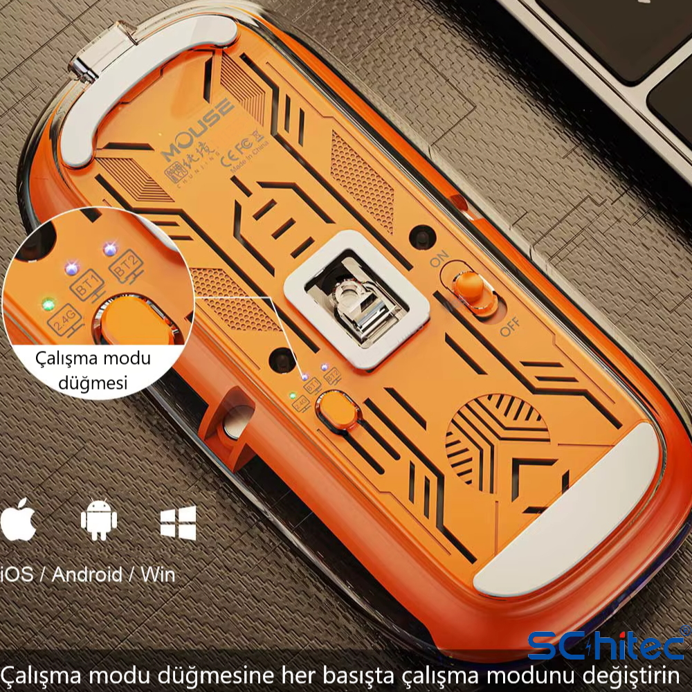 2.4G, BT1, BT2 düğmeleri ve işletim sistemi uyumluluğunu gösteren turuncu fare alt yüzeyi.
