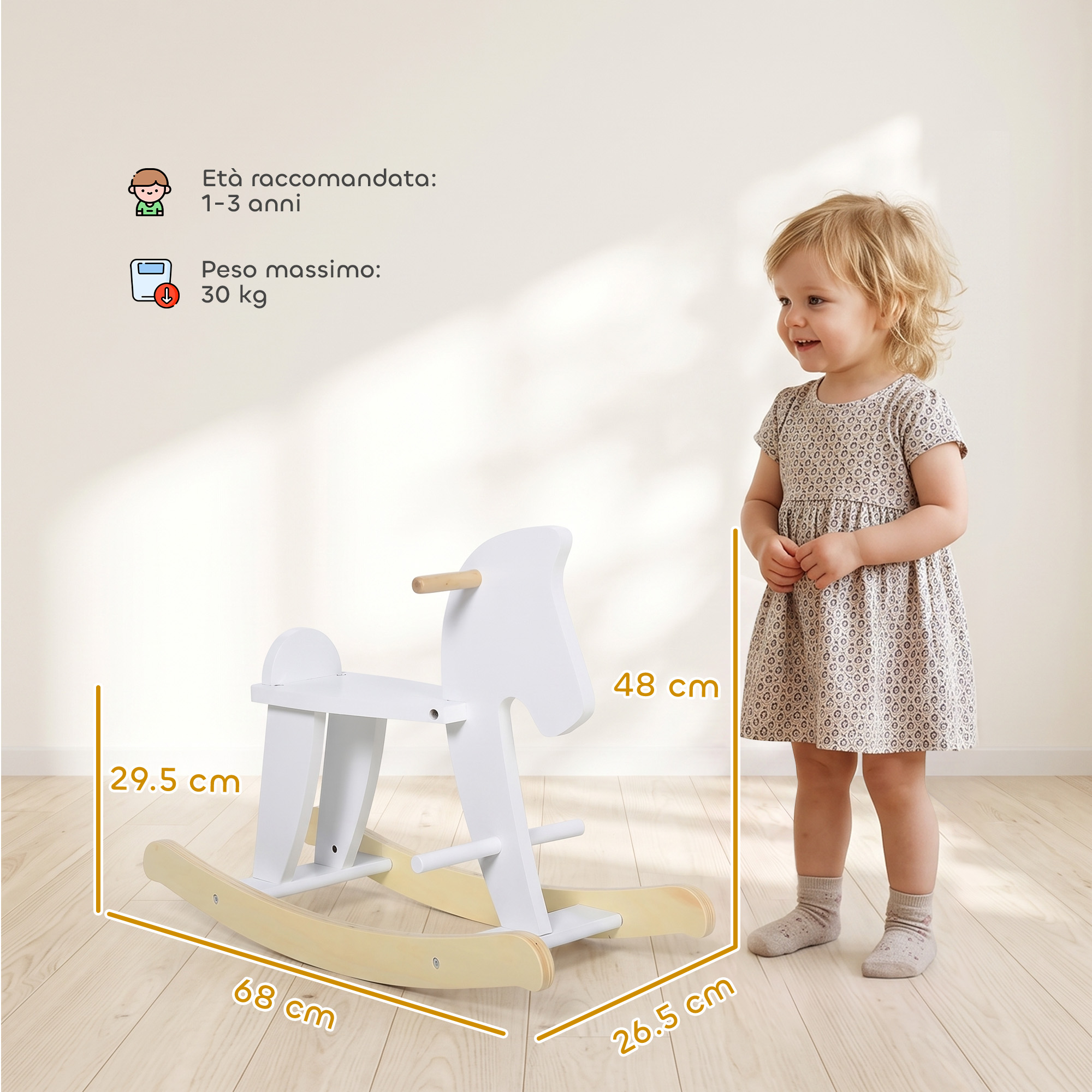 Un cavalluccio a dondolo bianco con dimensioni vicine e un bambino.