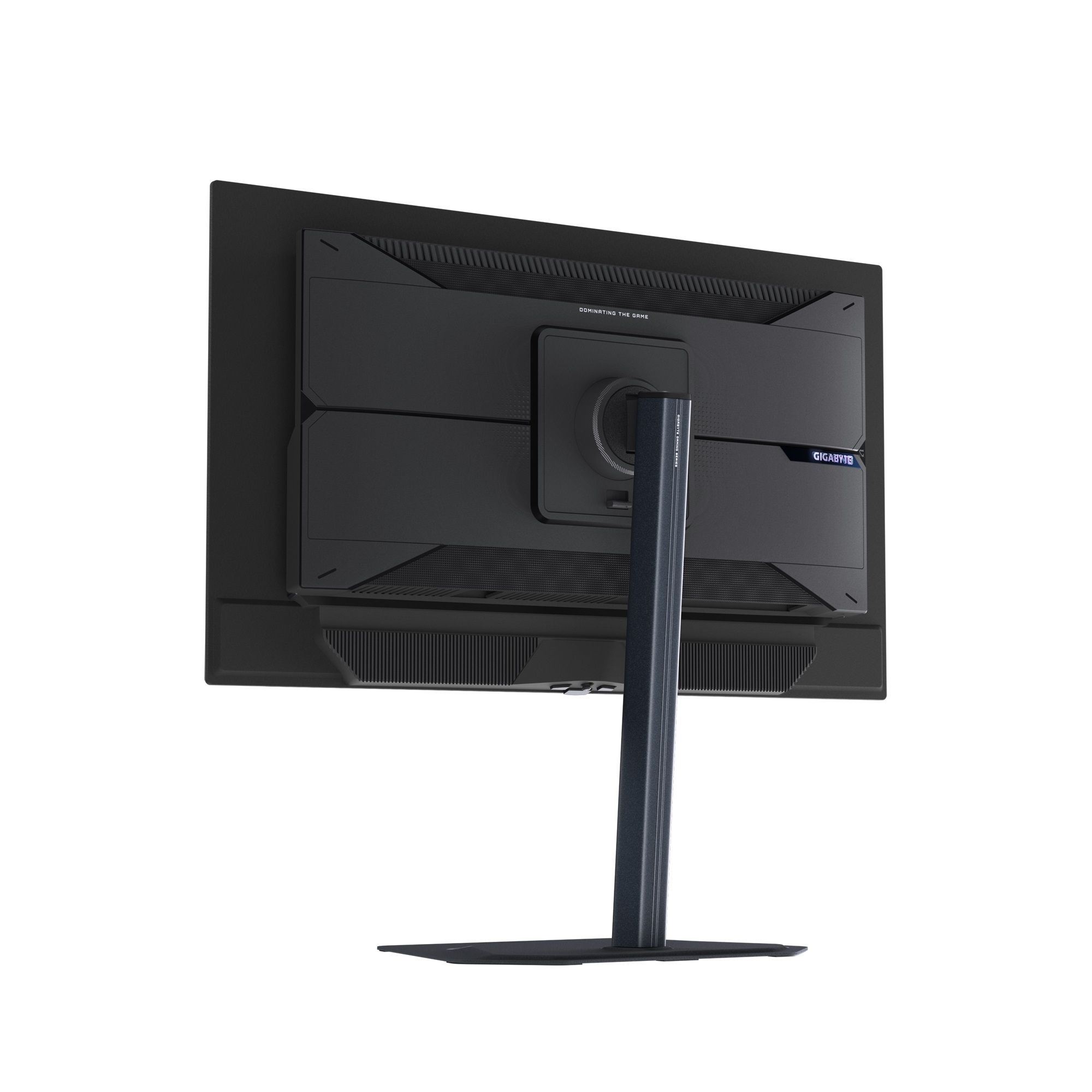Achterkant van een zwarte monitor met zilveren standaard en logo.