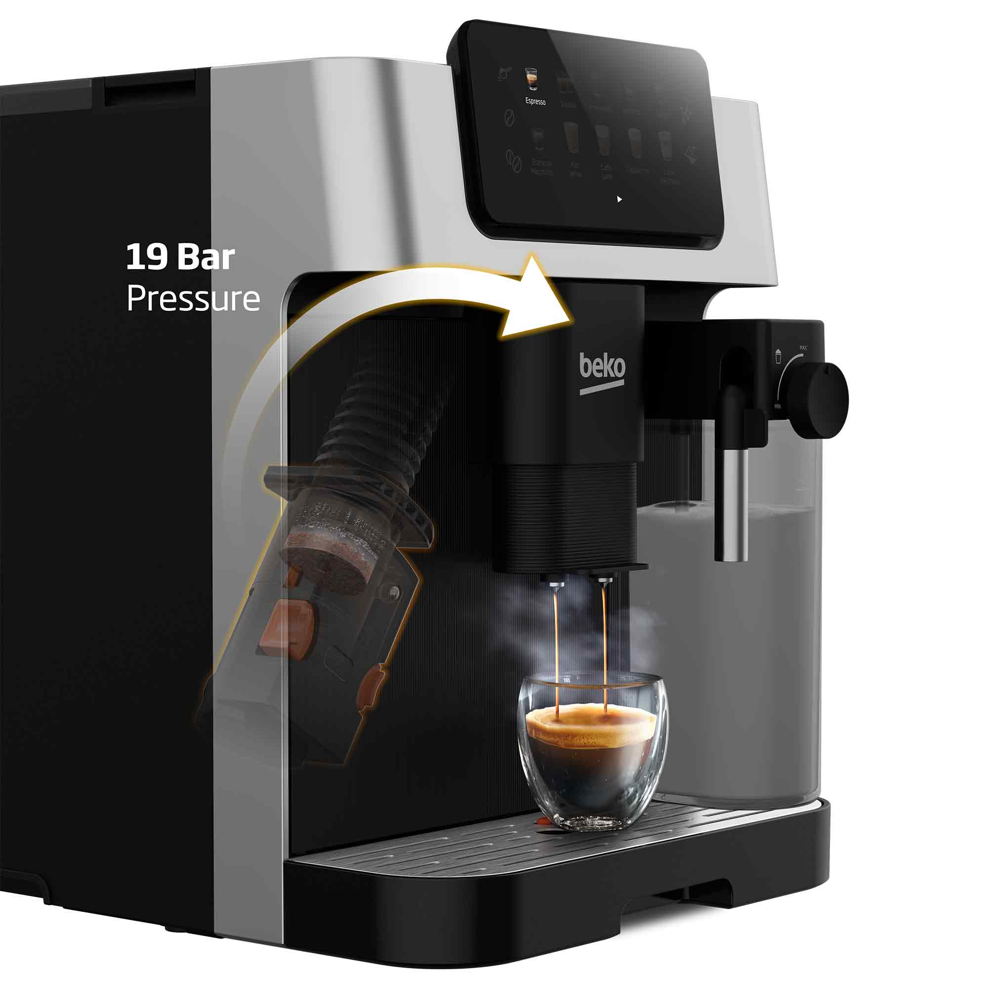 Kahve makinesi 19 bar basınçla bardağa espresso yapıyor.
