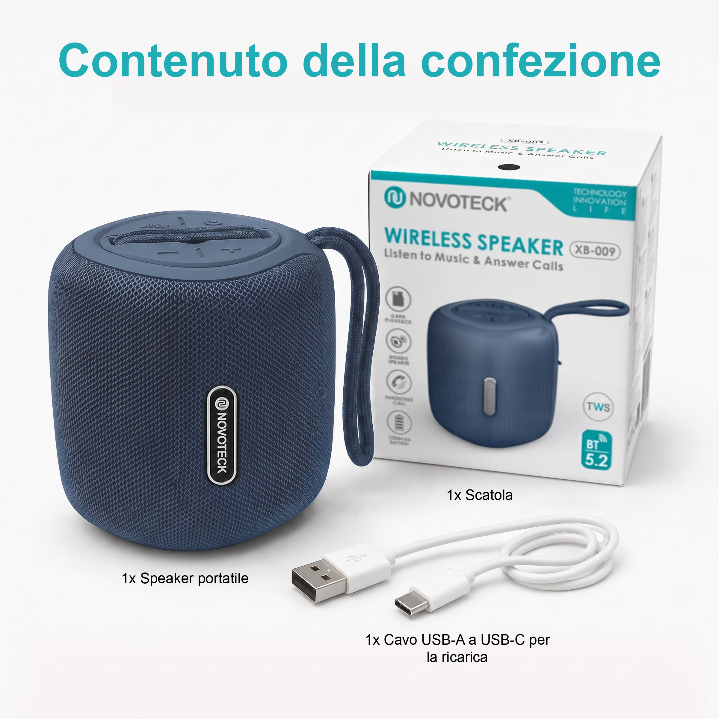 Un altoparlante Bluetooth blu con cavo di ricarica e scatola.