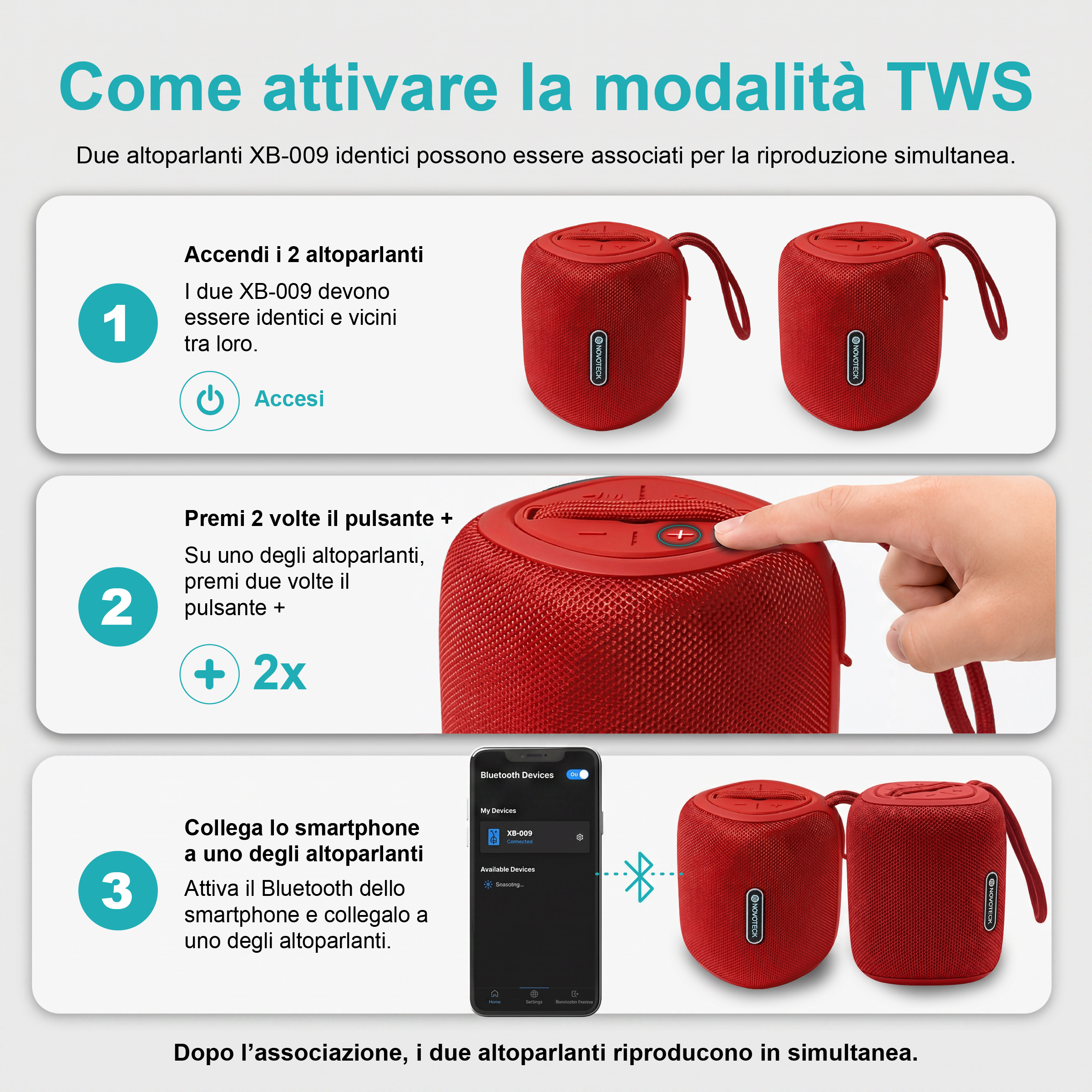 Guida passo passo per attivare la modalità TWS di due altoparlanti rossi XB-009.