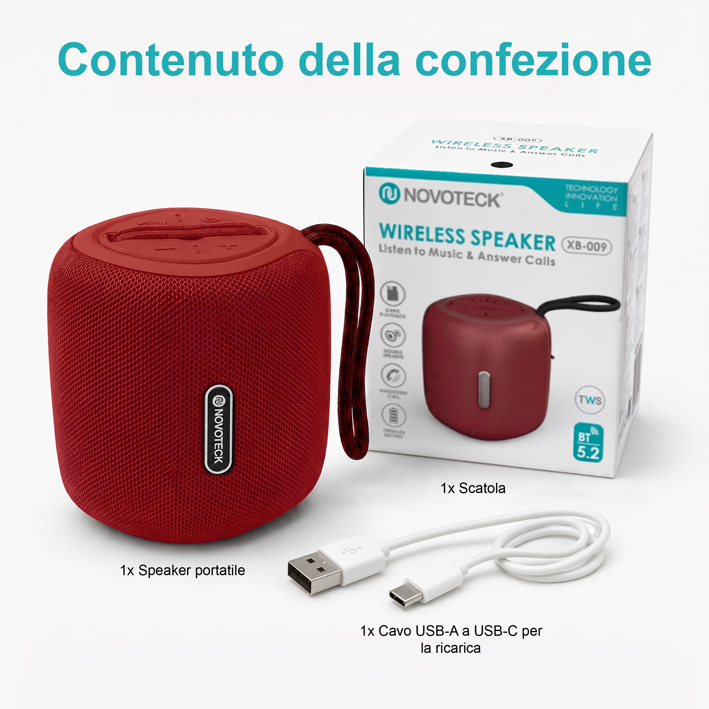 Altoparlante portatile rosso, cavo USB-A a USB-C e scatola.