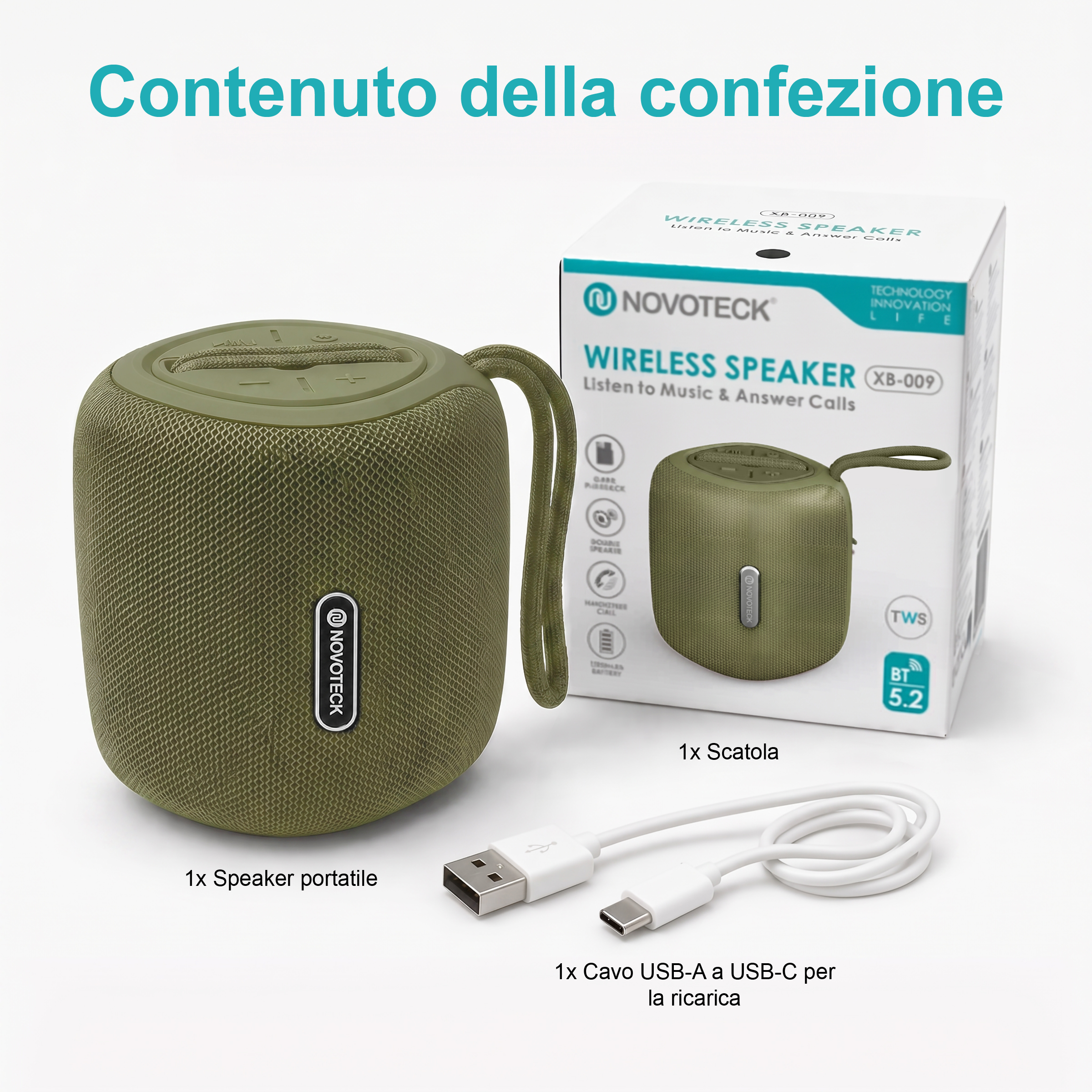 Altoparlante portatile verde con cavo di ricarica USB-C e scatola.