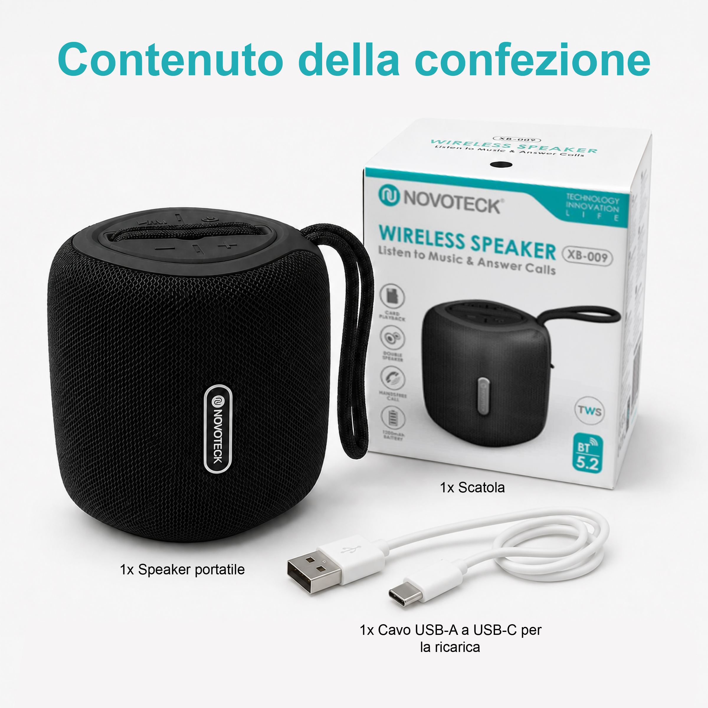 Speaker portatile nero, scatola e cavo USB-A a USB-C.