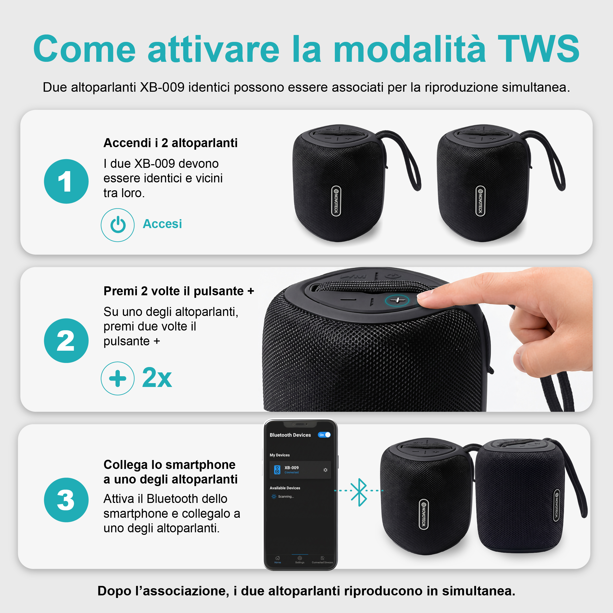 Istruzioni per attivare la modalità TWS per due altoparlanti XB-009.