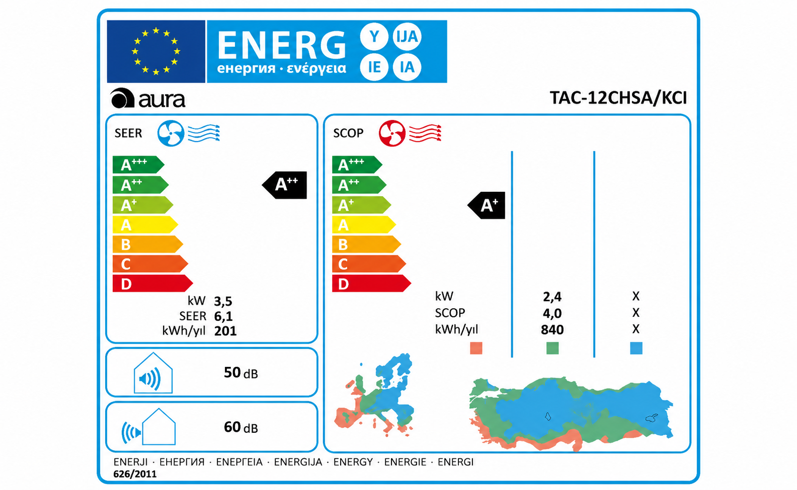 TAC-12CHSA/KCI klima için SEER/SCOP A++ enerji etiketi.