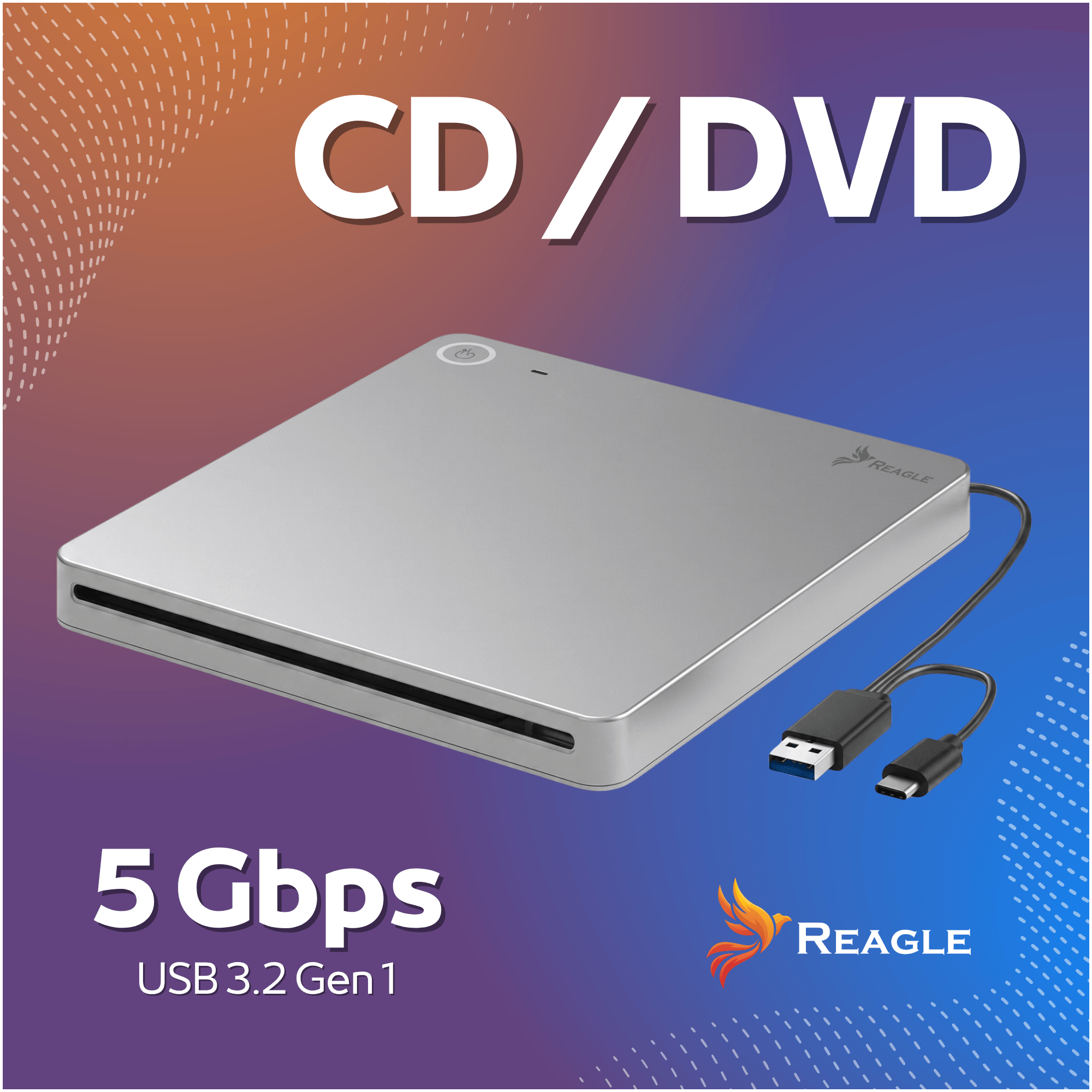 Srebrny zewnętrzny napęd CD/DVD z kablem USB-C i USB-A, logo Reagle.