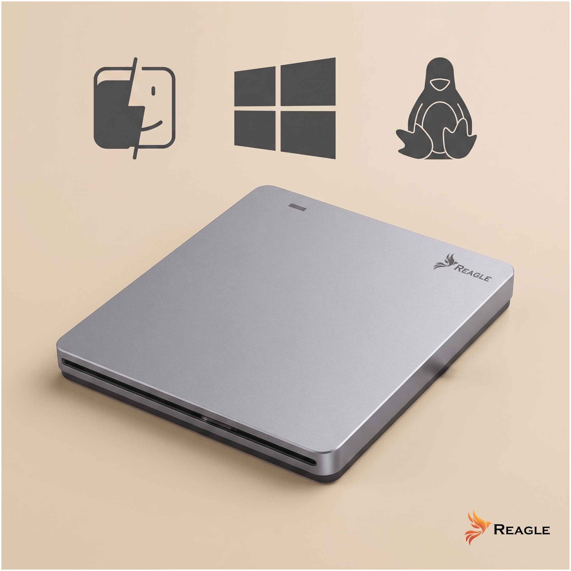 Szare zewnętrzne urządzenie pamięci masowej z ikonami systemów operacyjnych: Mac, Windows i Linux.