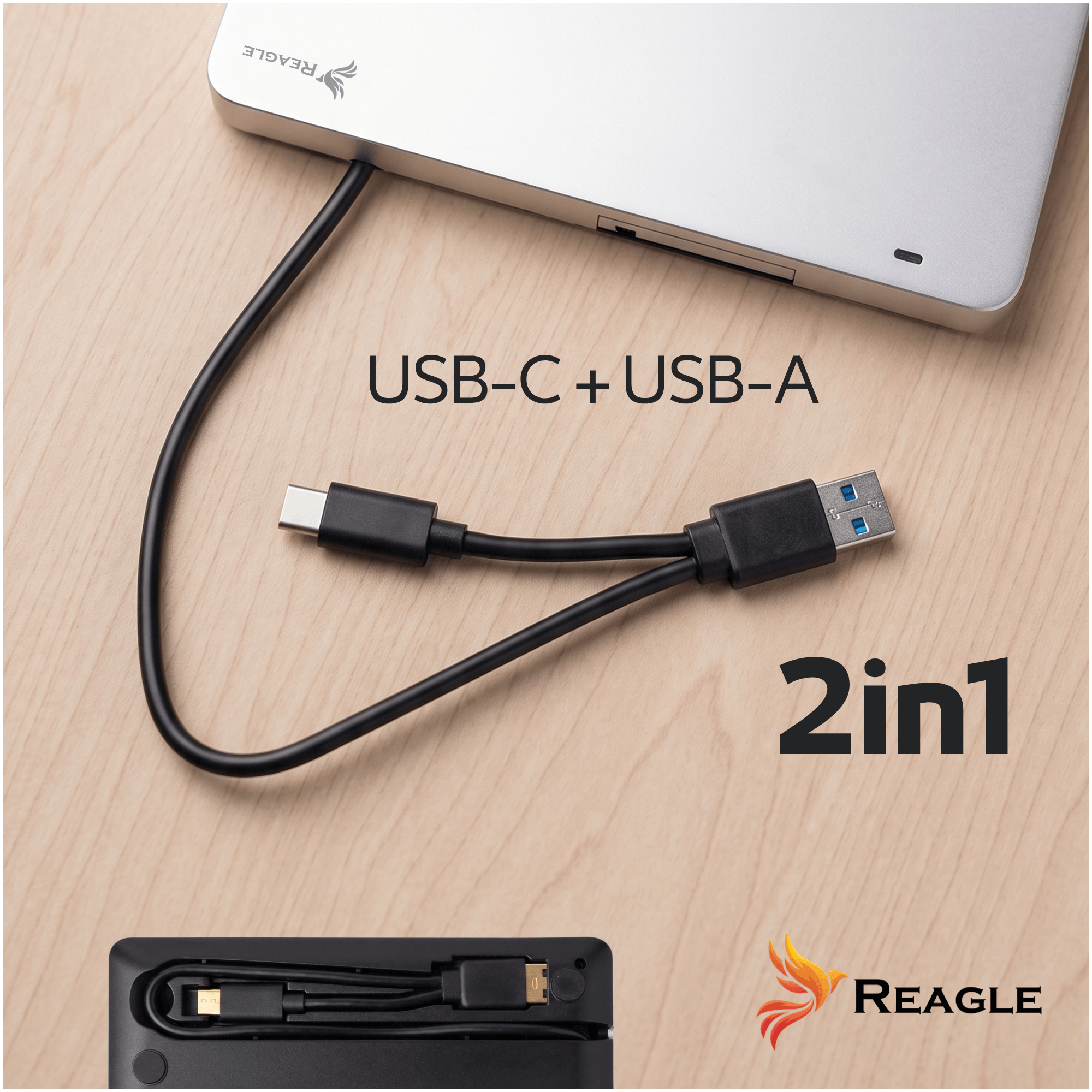 Srebrna stacja dokująca USB-C z czarnym kablem rozdzielającym się na złącza USB-C i USB-A.