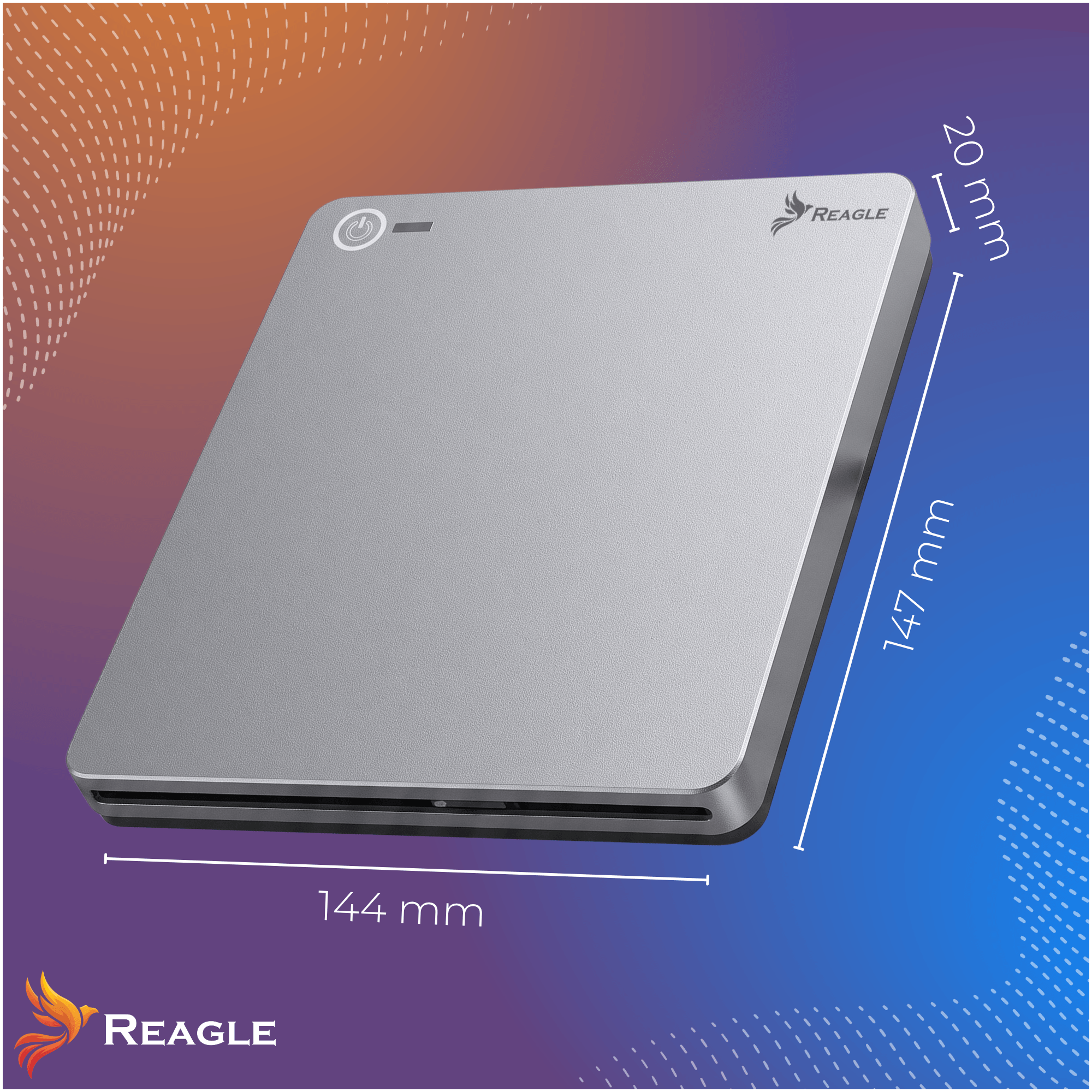 Srebrne urządzenie Reagle o wymiarach 144x147x20 mm na tle gradientowym.
