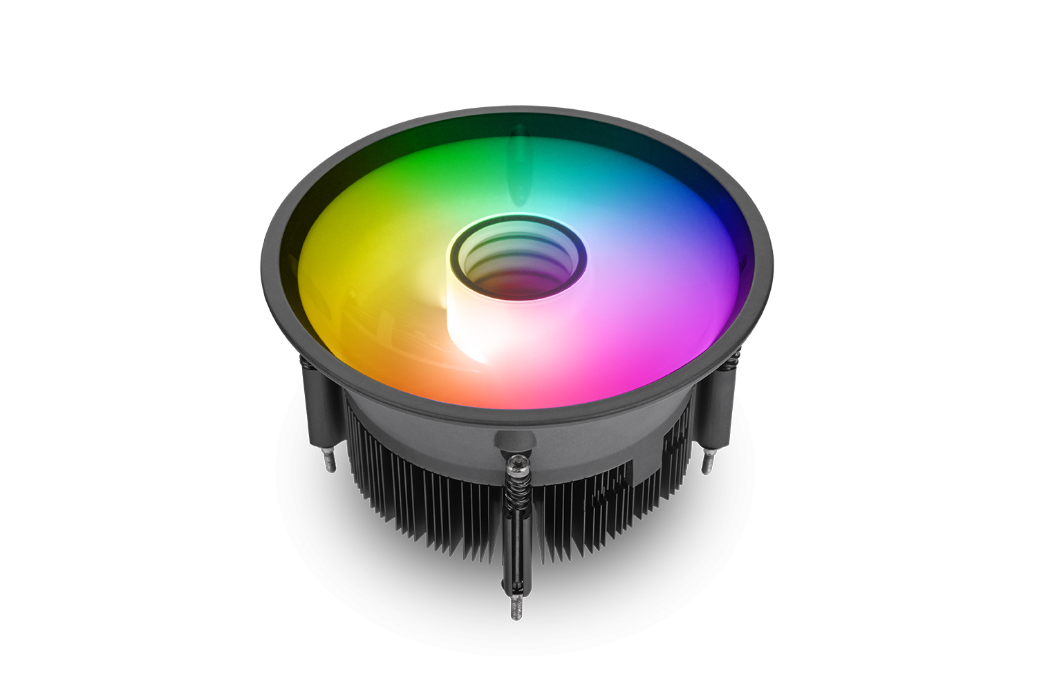 Un dissipatore CPU nero con illuminazione RGB su sfondo bianco.