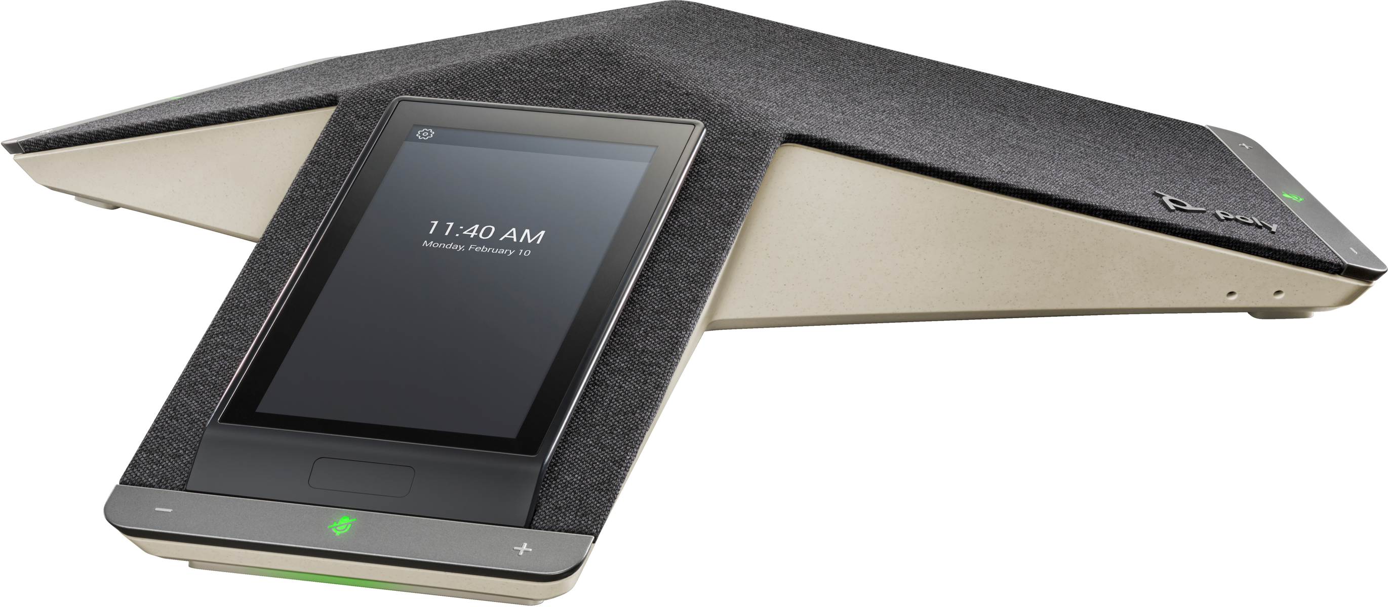 Un telefono da conferenza Polycom grigio con touchscreen e indicatore microfono.