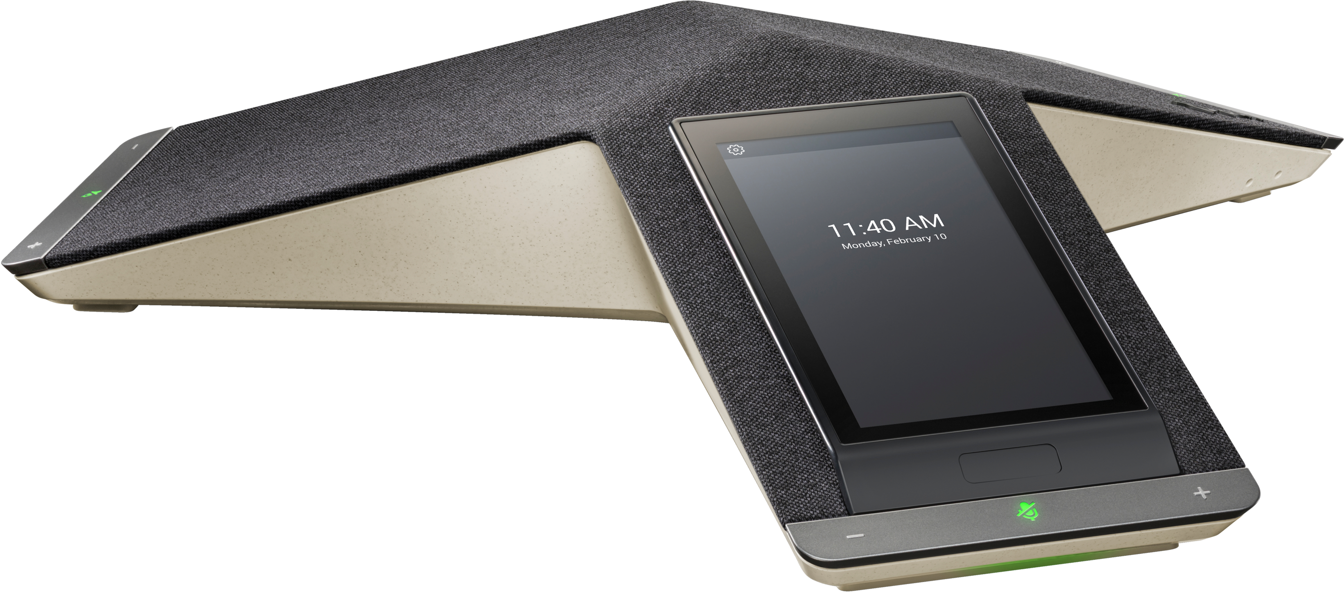Un telefono per conferenze con touchscreen e tessuto grigio su base beige chiaro.