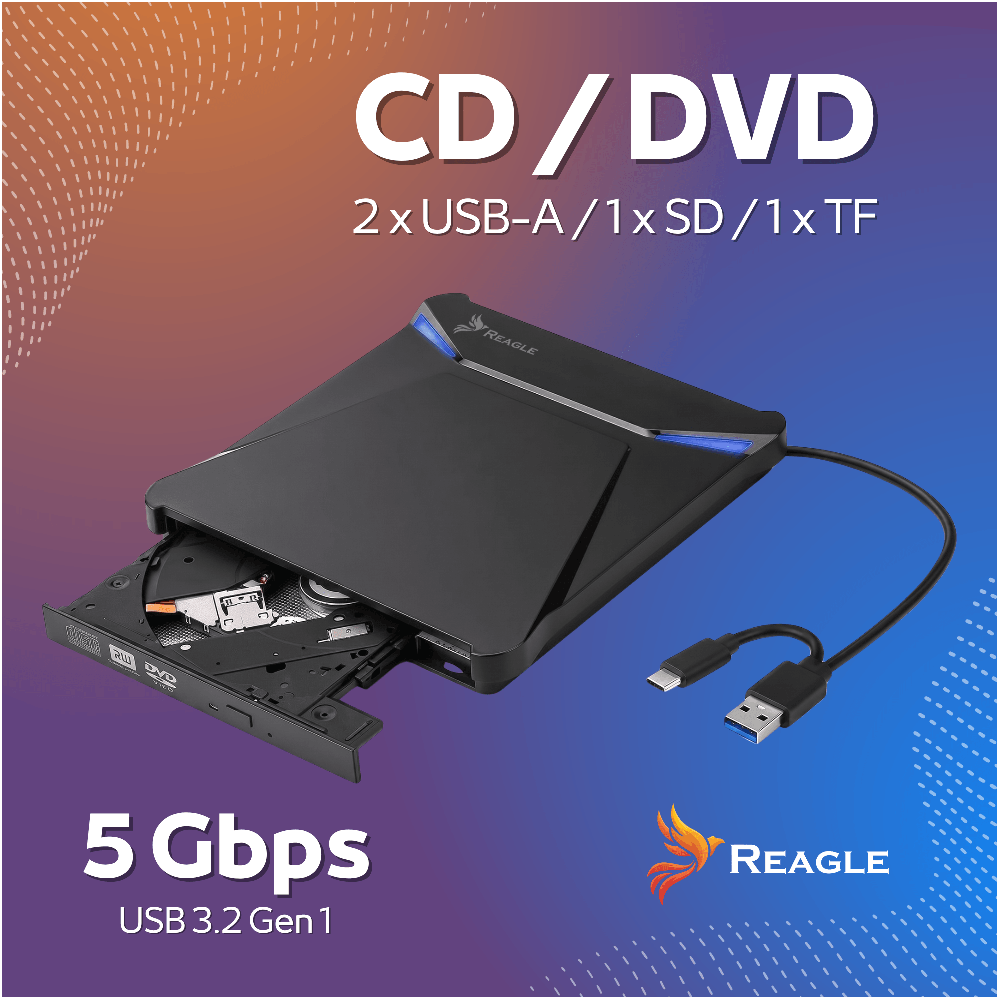 Czarna zewnętrzna nagrywarka CD/DVD z portami USB-C i USB-A.