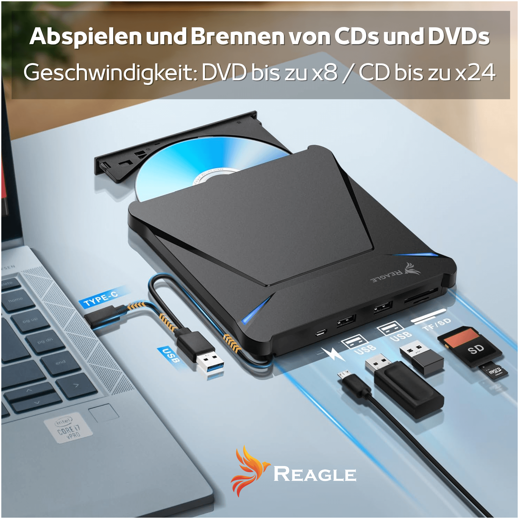Zewnętrzna nagrywarka CD/DVD z portami USB-C i USB, podłączona do laptopa.