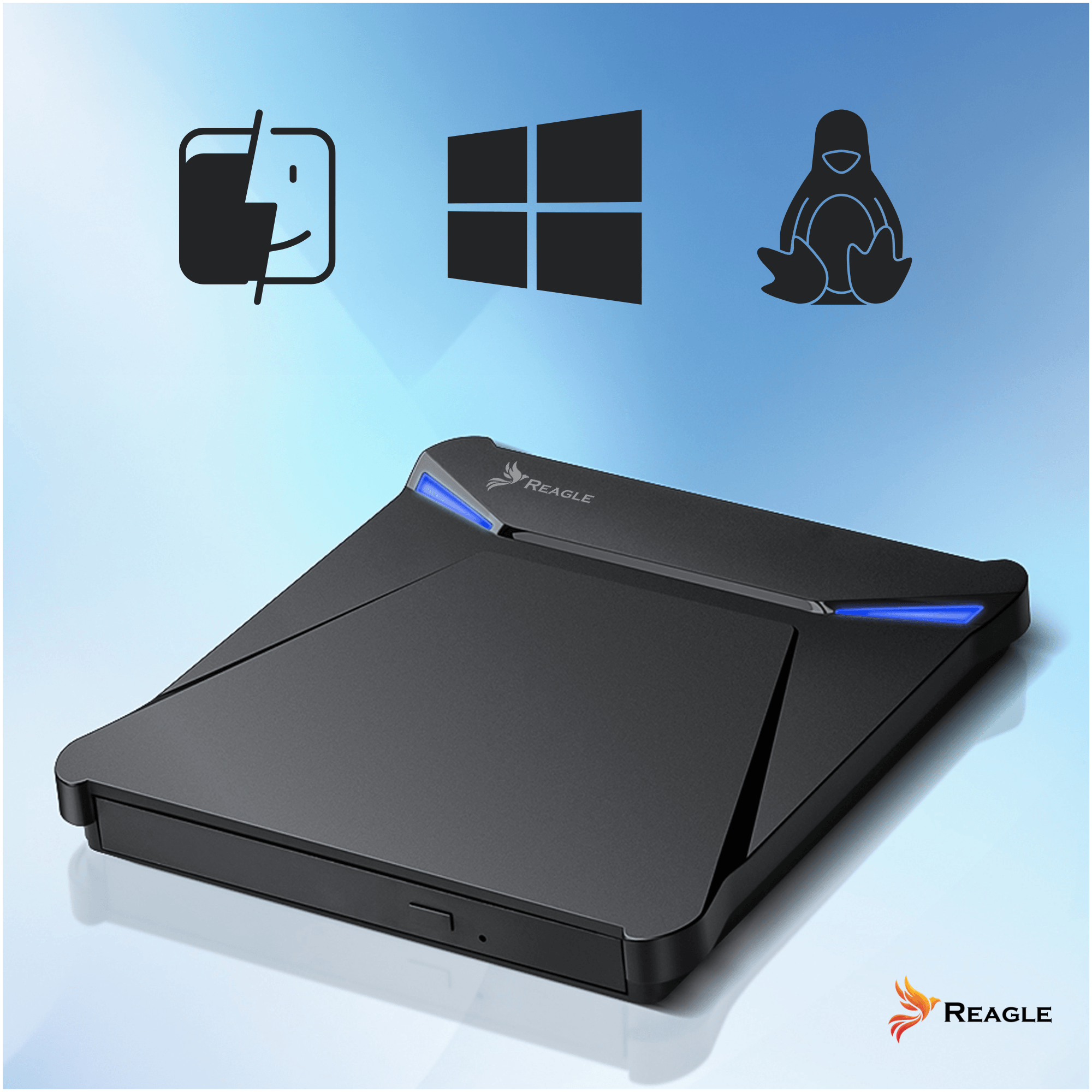 Czarny dysk zewnętrzny z ikonami Mac, Windows i Linux.