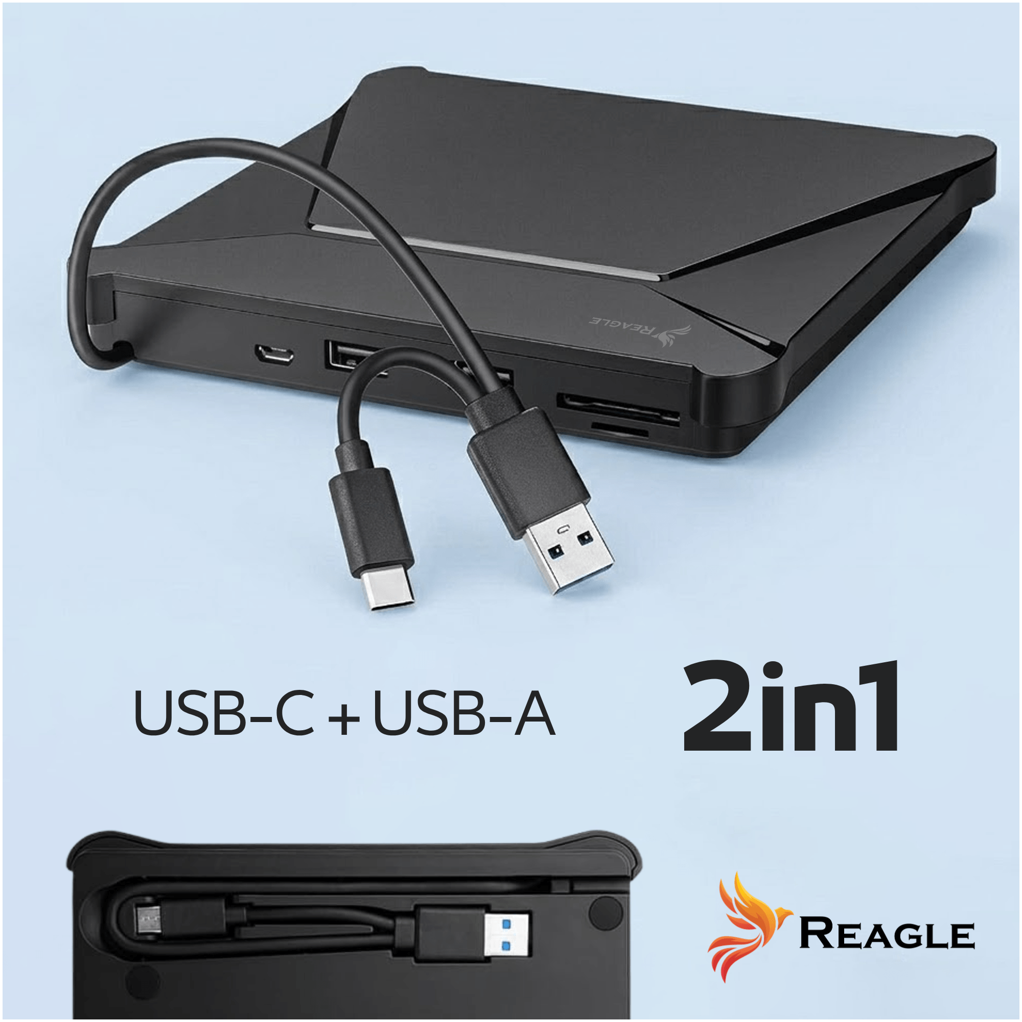 Czarny produkt 2 w 1 z portami i kablami USB-C oraz USB-A.