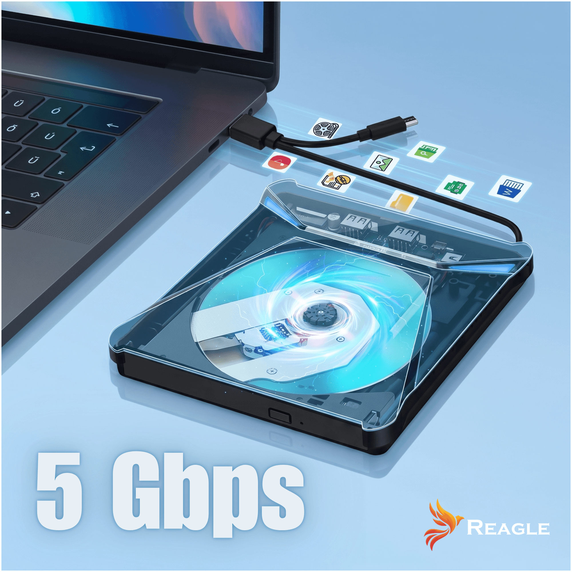 Zewnętrzny napęd CD/DVD podłączony do laptopa. Na ekranie "5 Gbps".