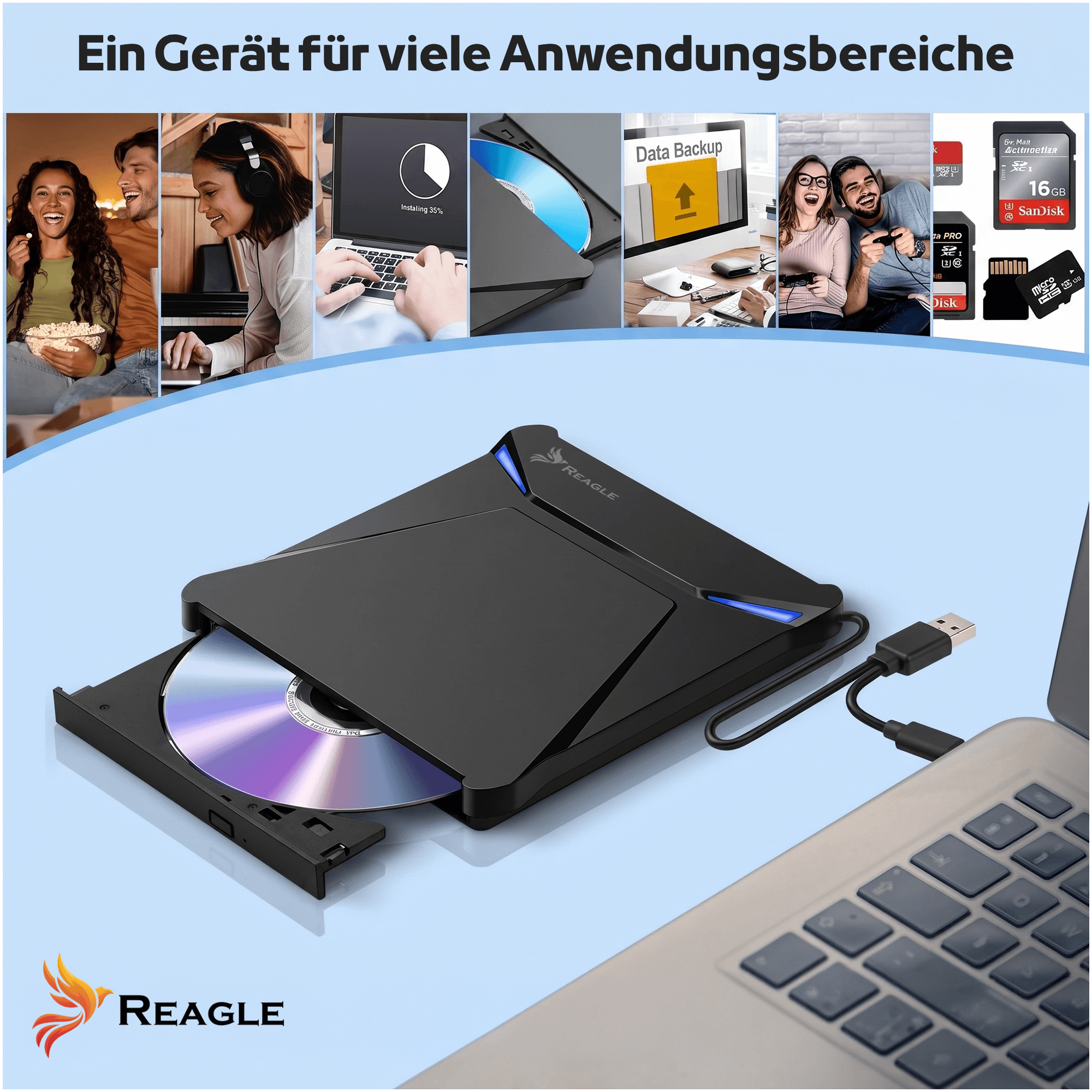 Czarna zewnętrzna nagrywarka DVD z włożonym dyskiem, podłączona do laptopa.