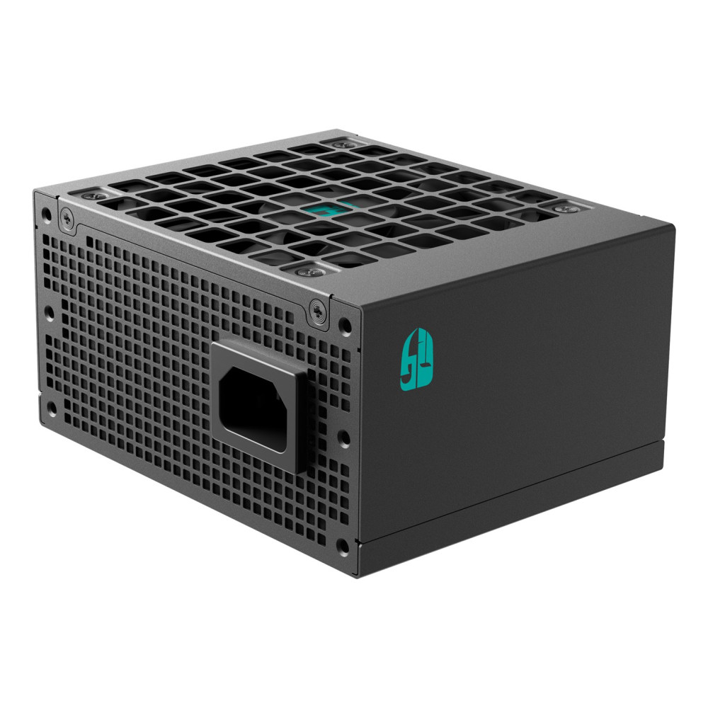 Alimentatore nero con griglia di ventilazione e logo turchese.