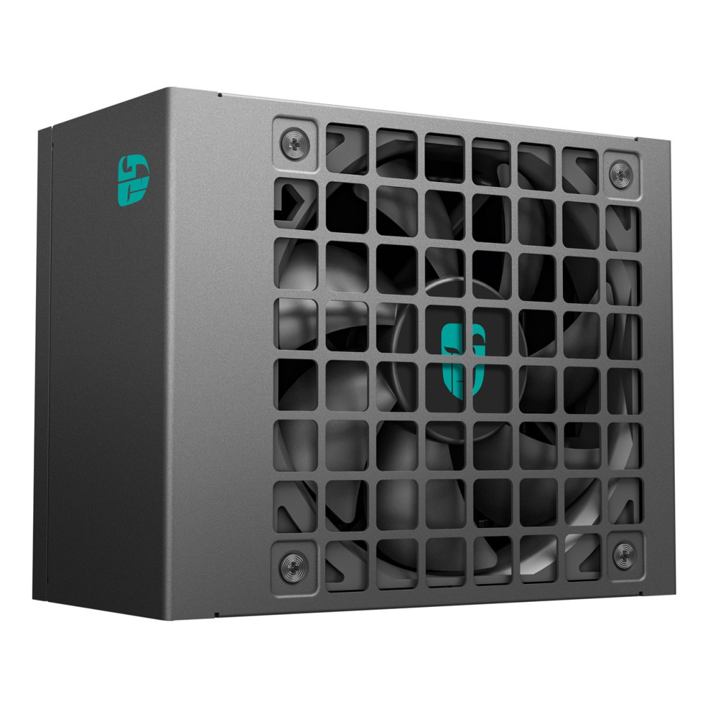 Alimentatore per computer grigio con logo turchese e griglia della ventola nera.