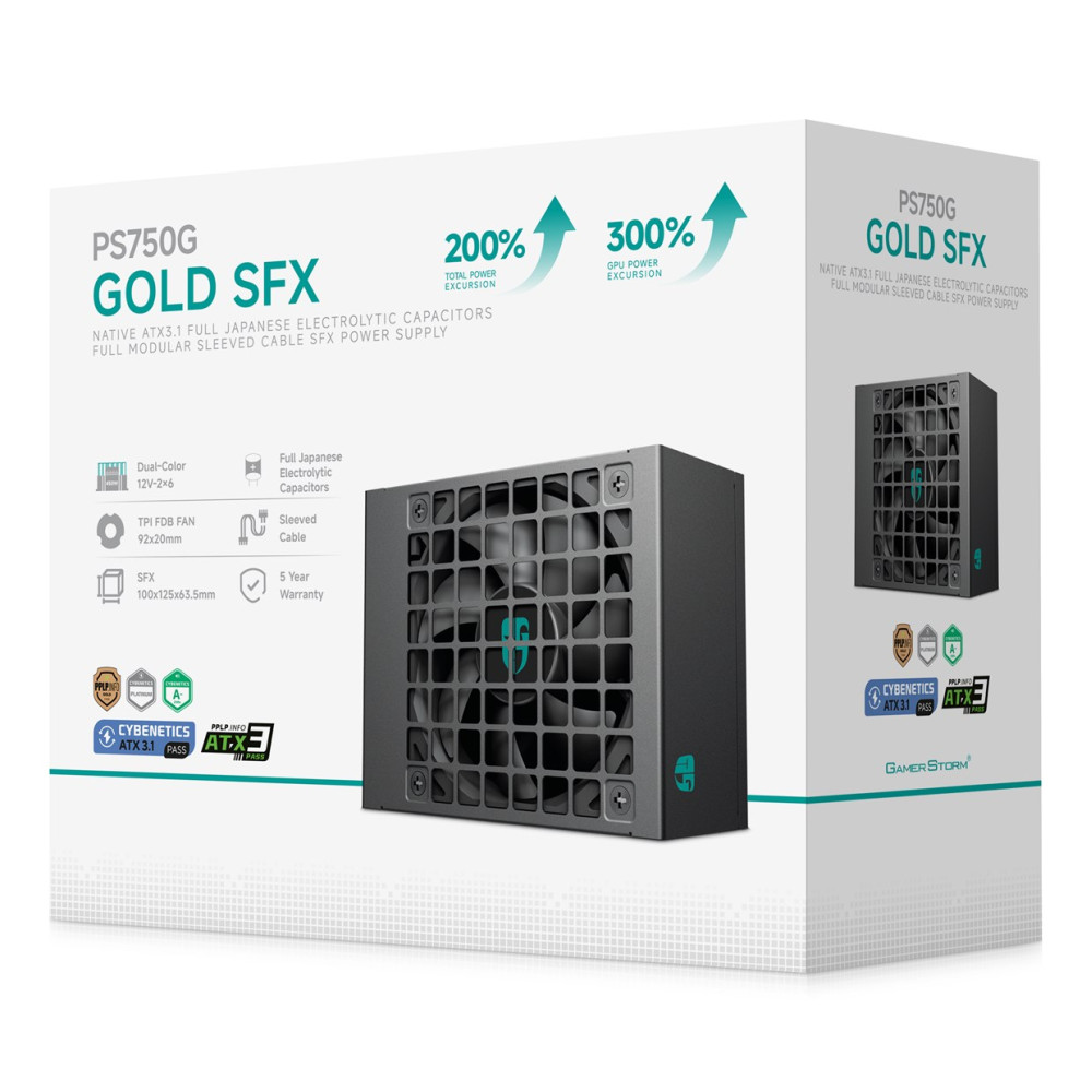 Un alimentatore SFX grigio con ventola frontale e informazioni sul prodotto.