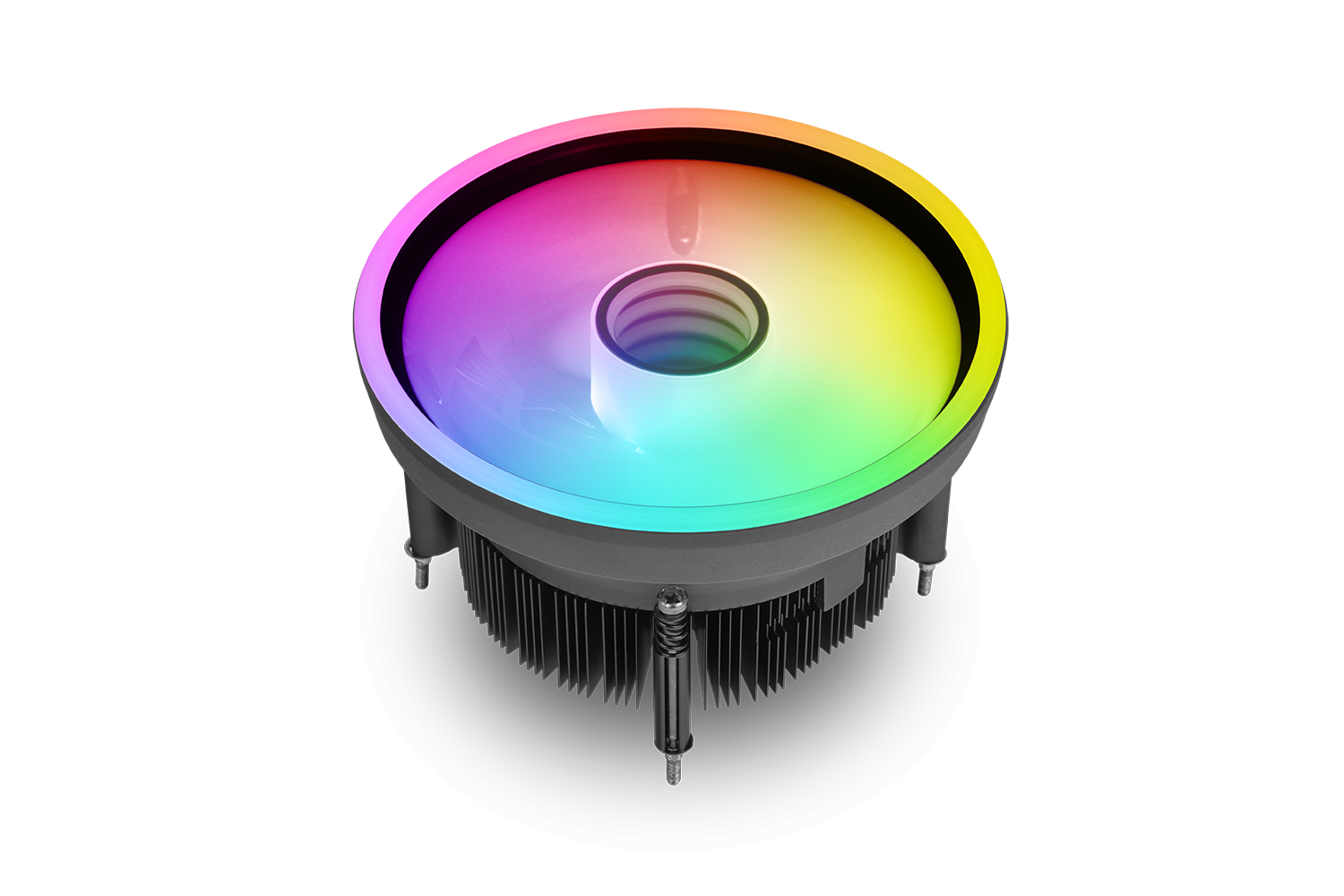 Un dissipatore per CPU con illuminazione RGB, su sfondo bianco.