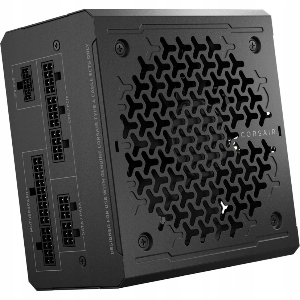 Alimentatore Corsair nero con porte etichettate per scheda madre, CPU/PCIe, SATA/PATA e 12V-2x6.